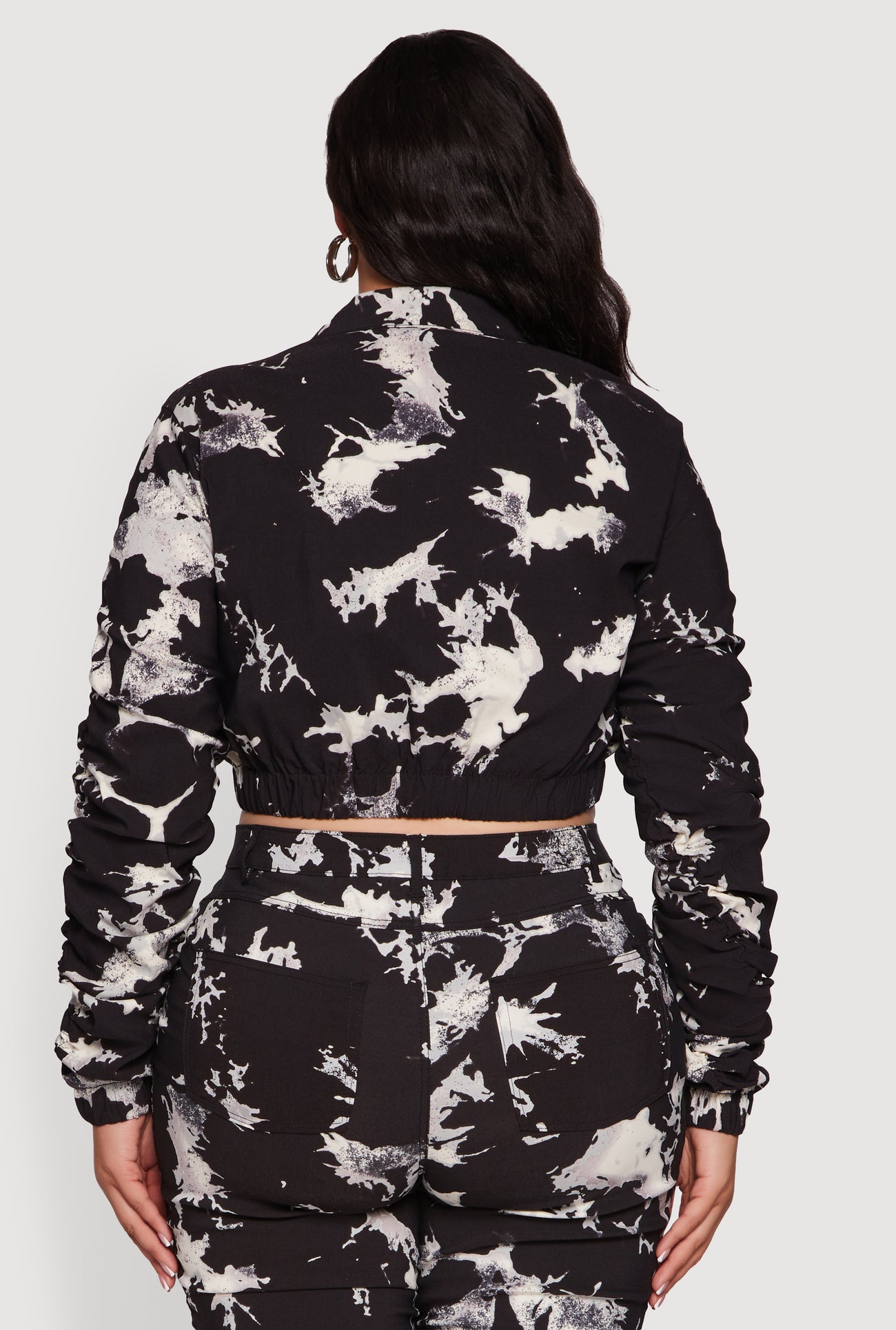 Plus Size Side Ruched Patterned Zip Front Cropped Jacket