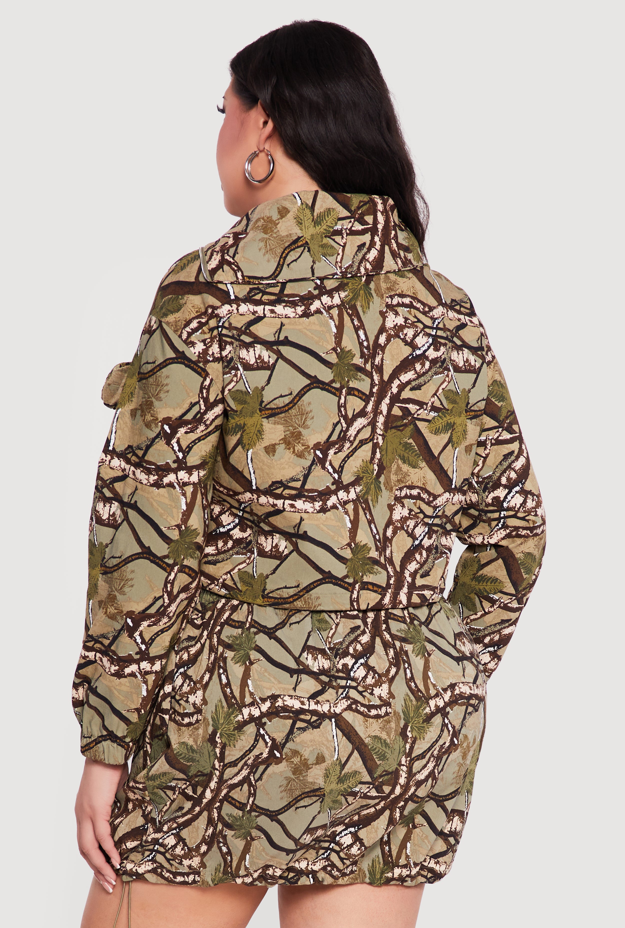 Plus Size Hunter Camo Zip Front Drawstring Hem Jacket
