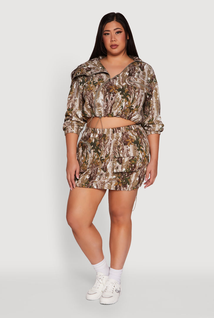 Plus Size Hunter Camo Drawstring Hem Cargo Mini Skirt