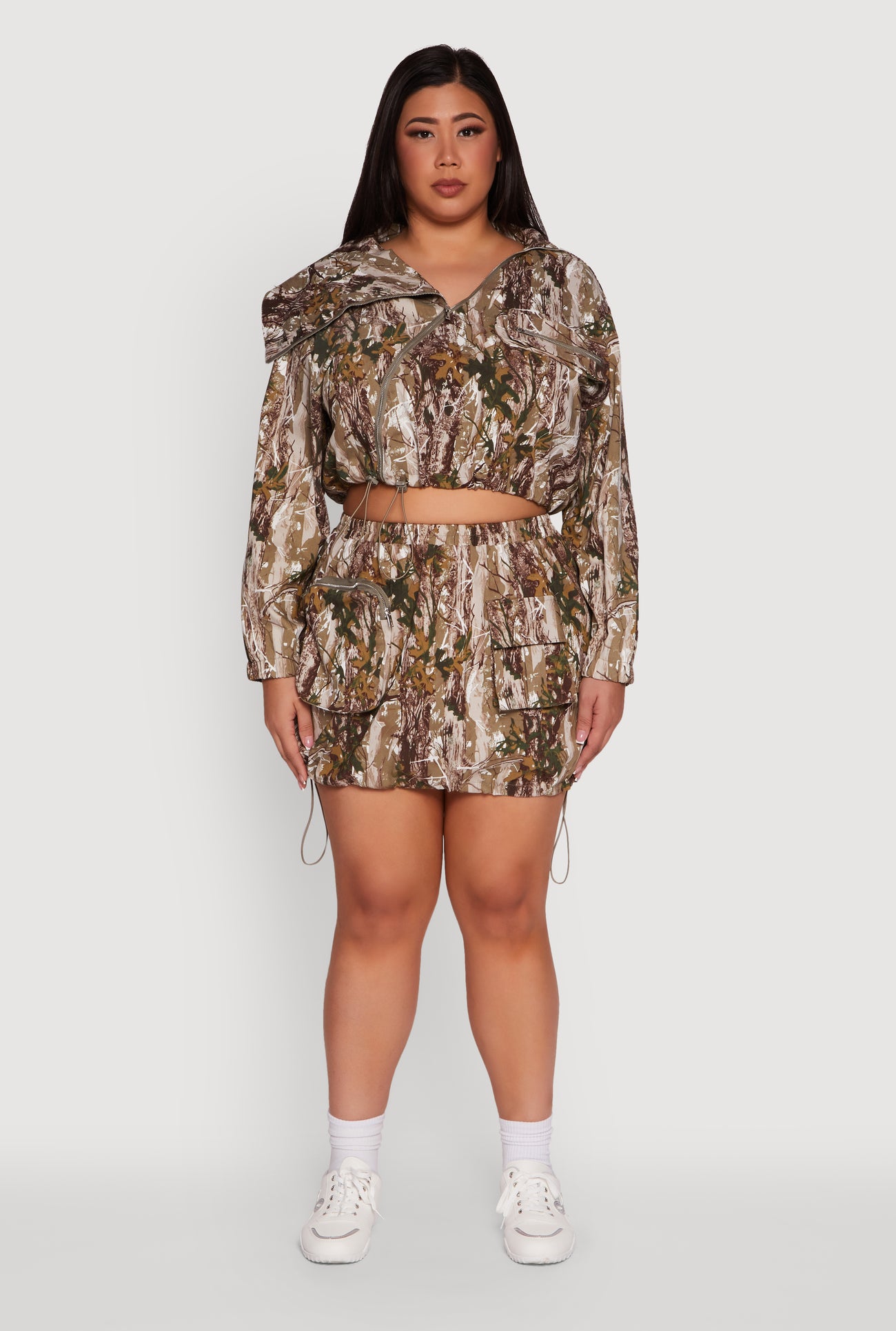 Plus Size Hunter Camo Drawstring Hem Cargo Mini Skirt