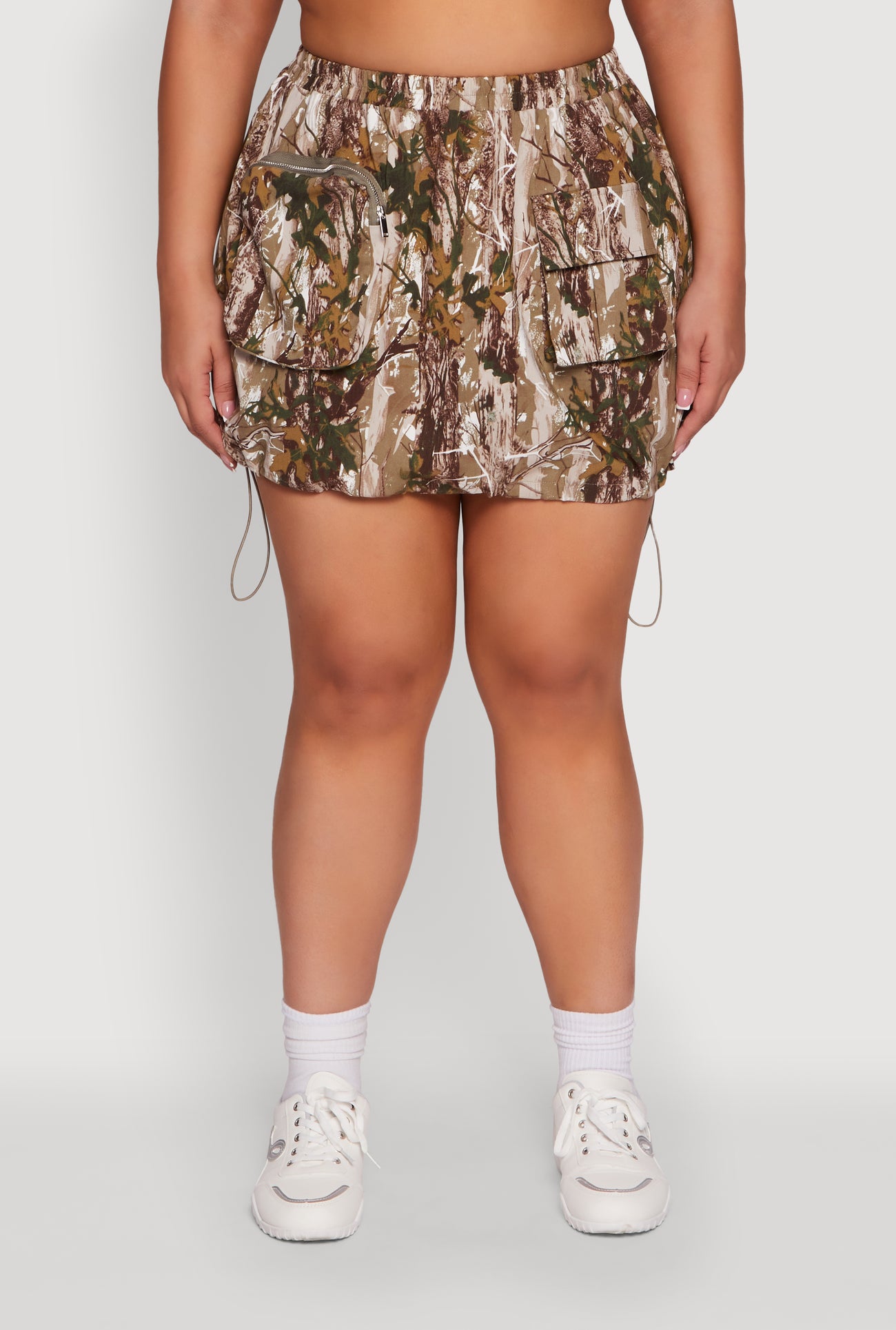 Plus Size Hunter Camo Drawstring Hem Cargo Mini Skirt