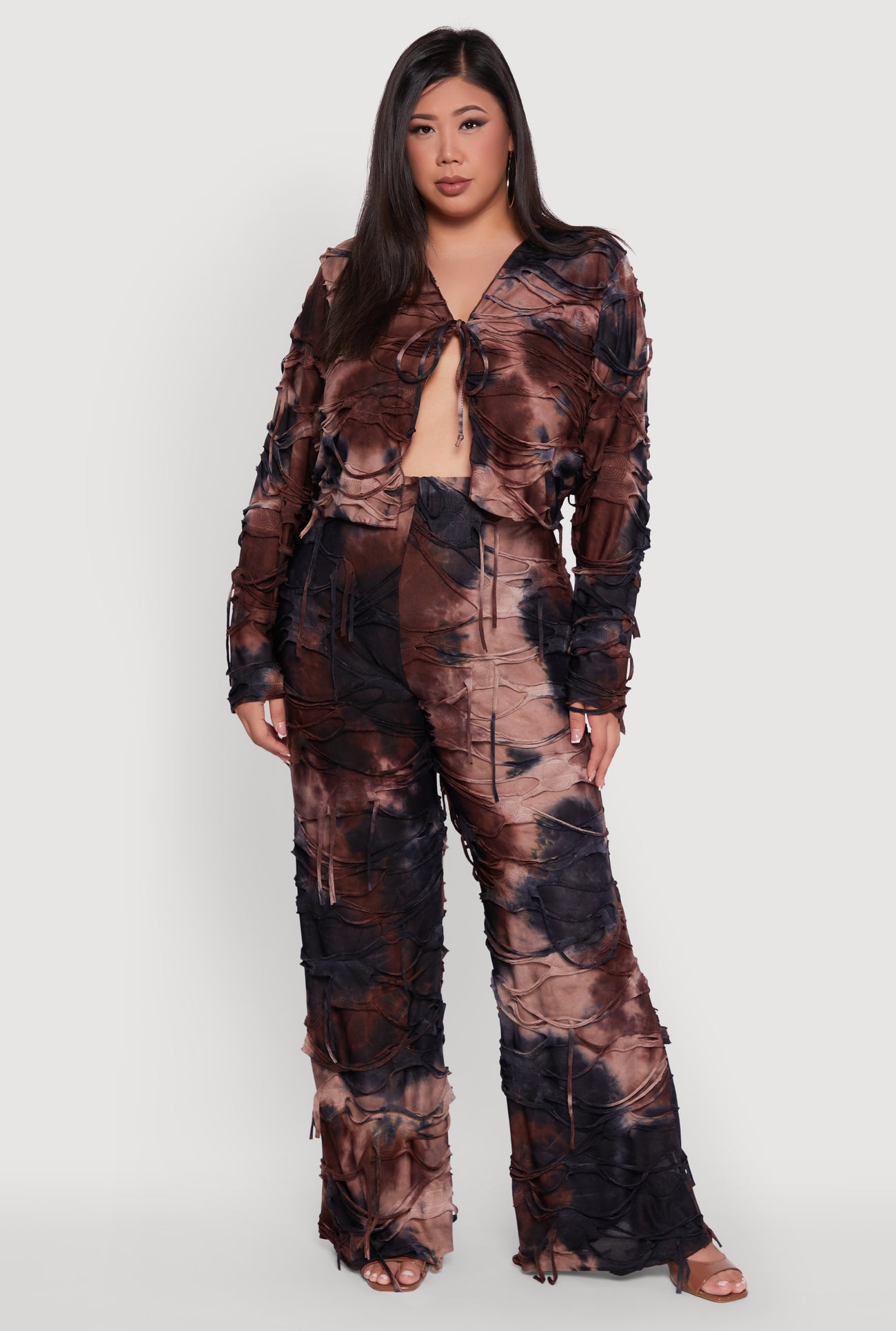 Plus Size Tie Dye Slashed Tie Front Top