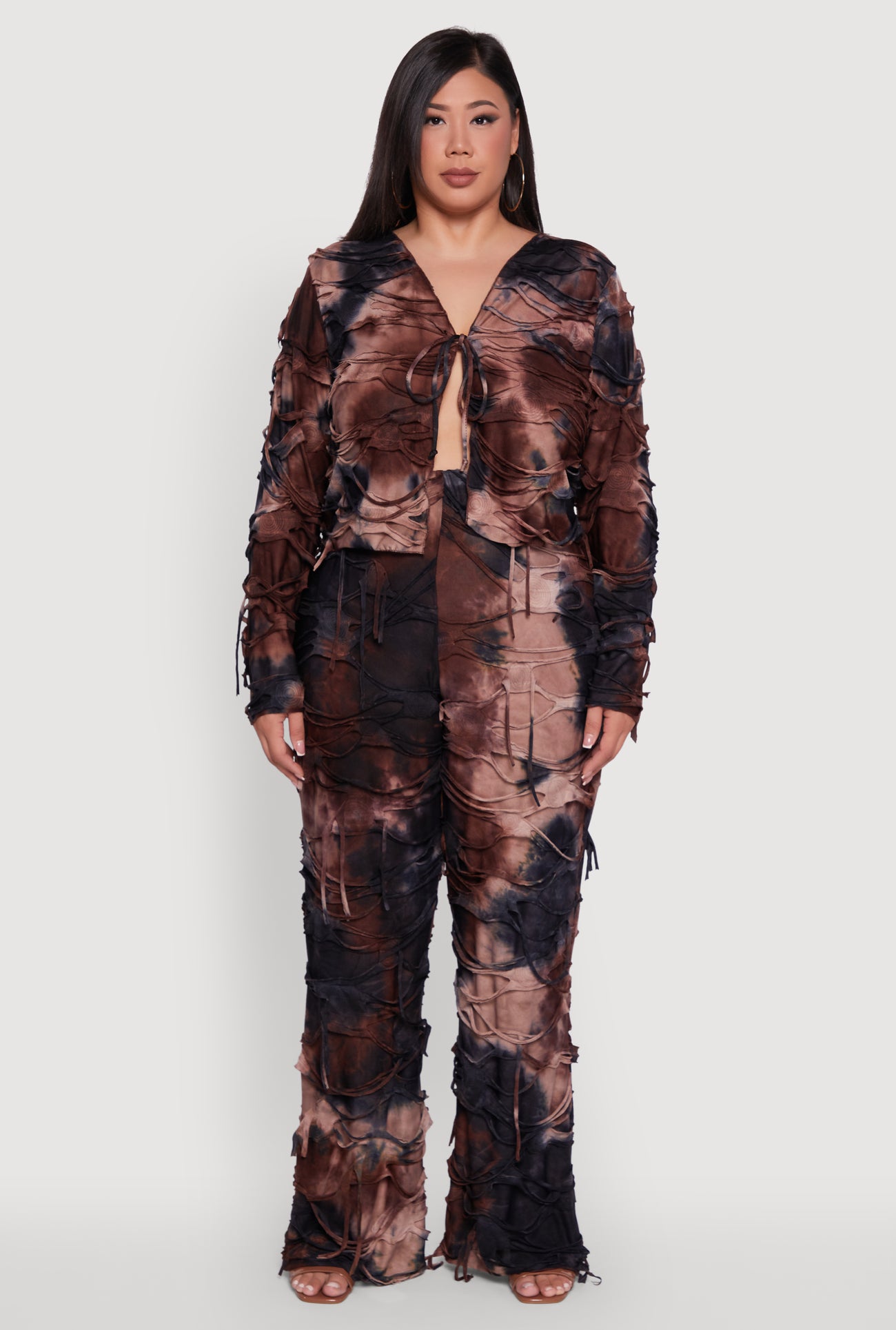Plus Size Tie Dye Slashed Tie Front Top