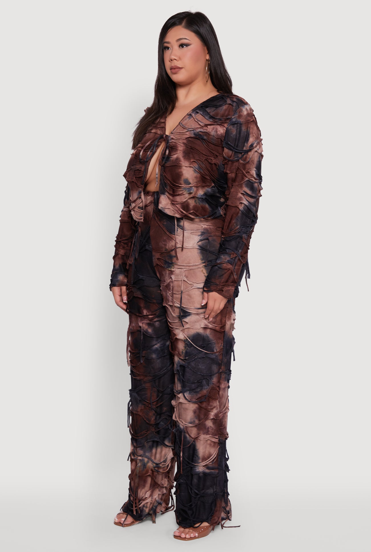 Plus Size Tie Dye Slashed Tie Front Top