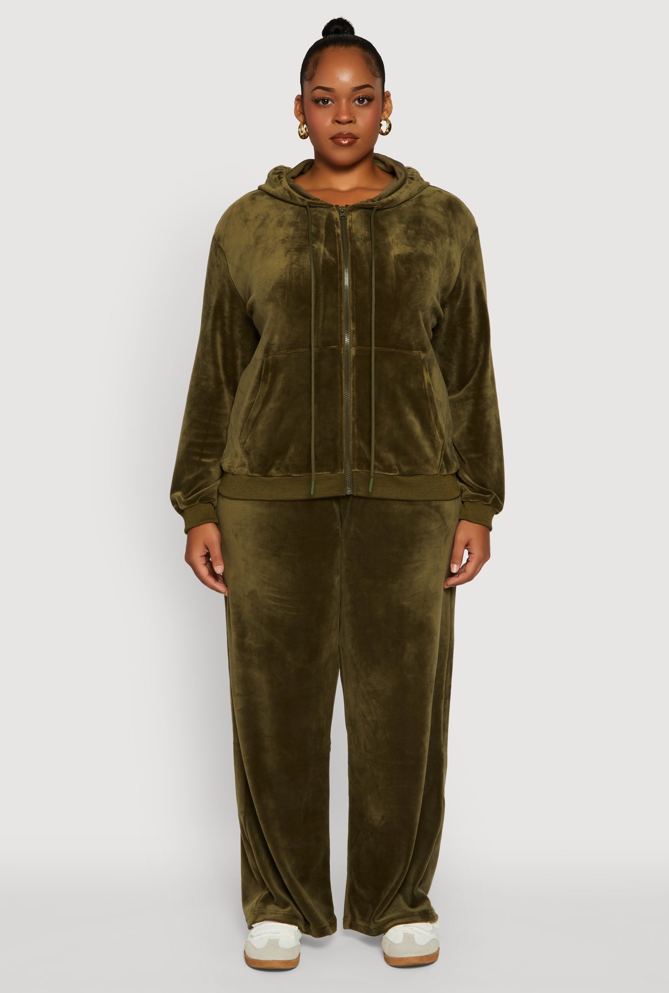Plus Size Velour Zip Front Hooded Sweatshirt