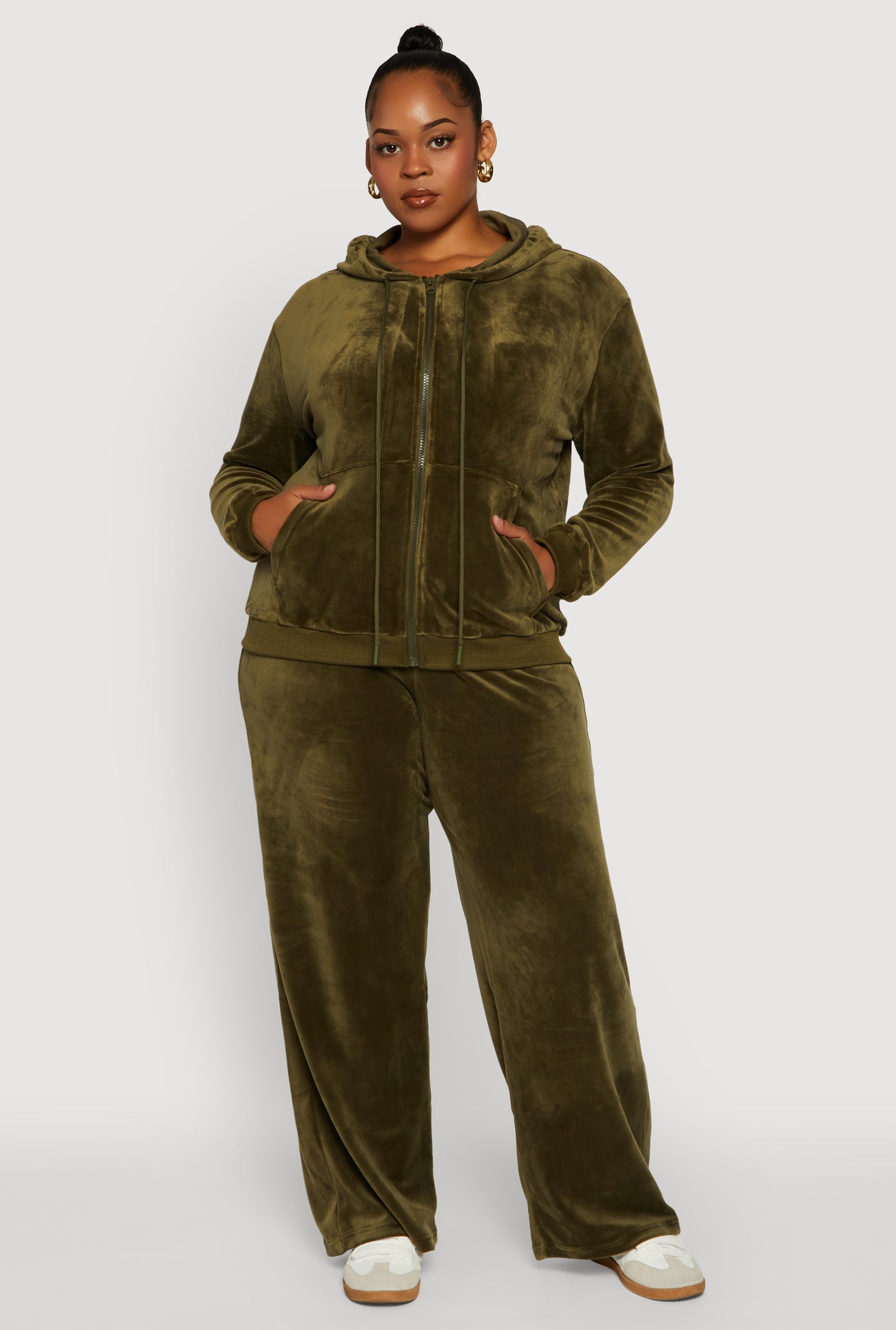 Plus Size Velour Zip Front Hooded Sweatshirt