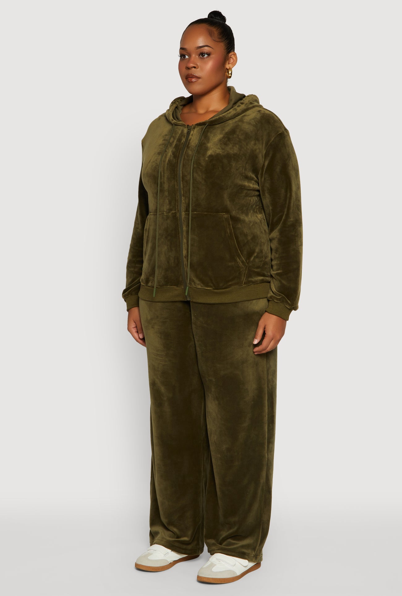 Plus Size Velour Zip Front Hooded Sweatshirt