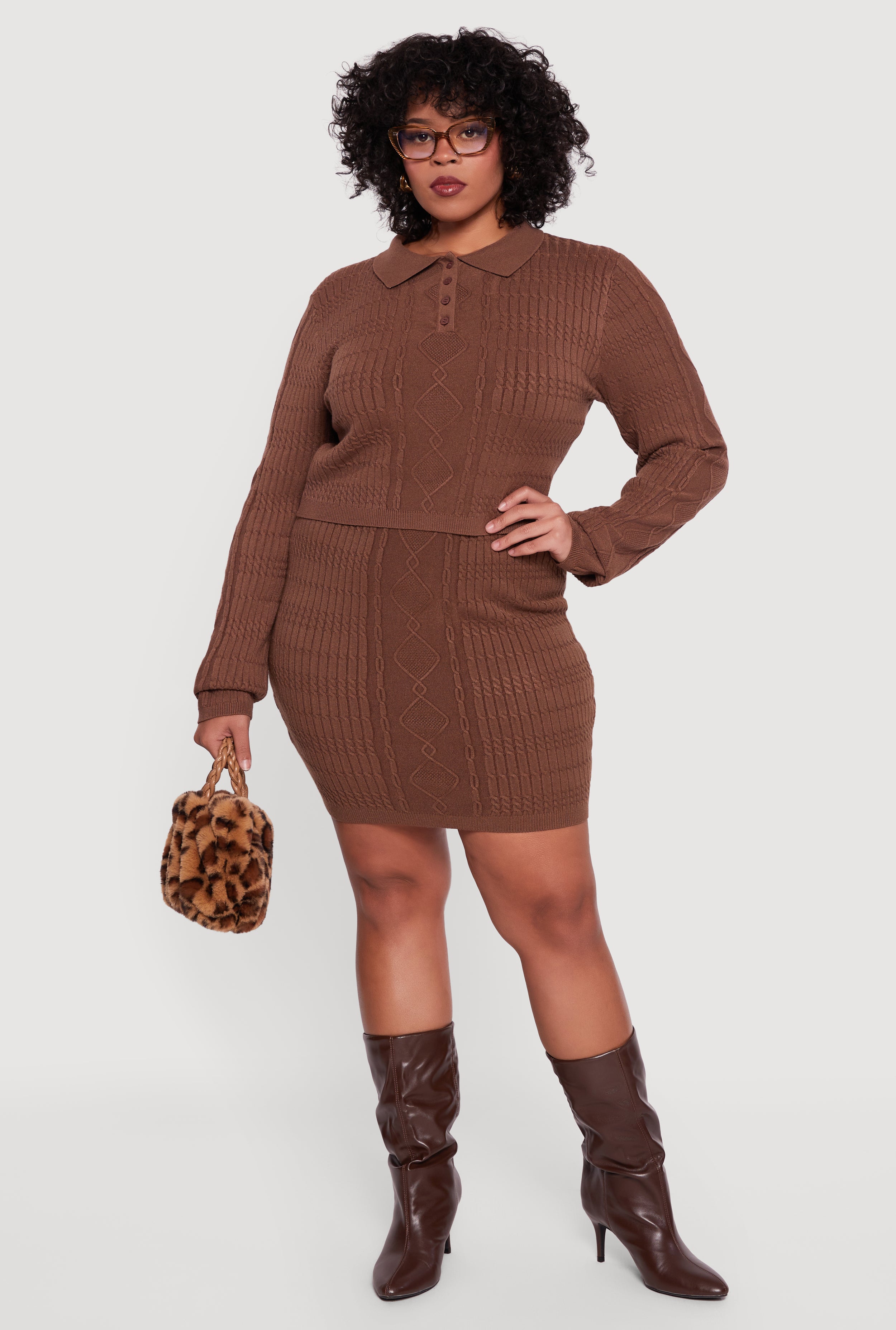 Miniboucle Knit Skirt ブラウン36 Plus Size High Waisted Cable Knit Mini Skirt