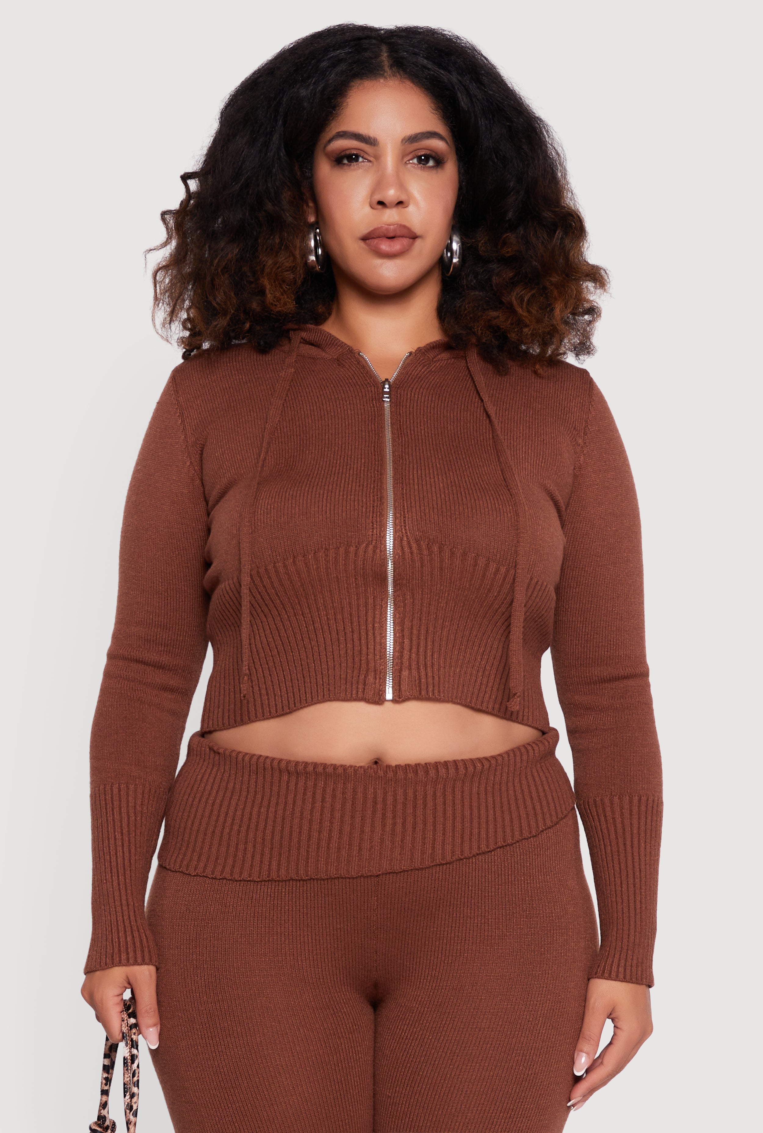 Plus Size Zip Front Hooded Ribbed Knit Cropped Sweater