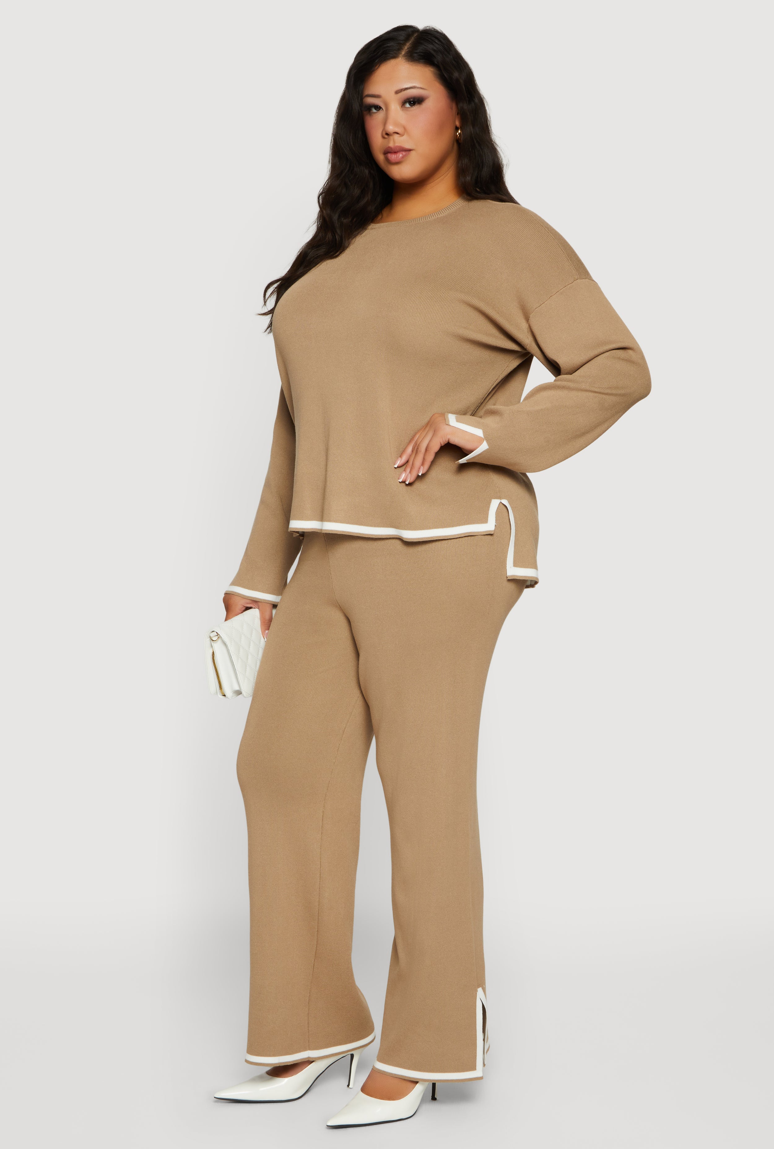 Plus Size High Waisted Wide Leg Pants with Contrast Trim
