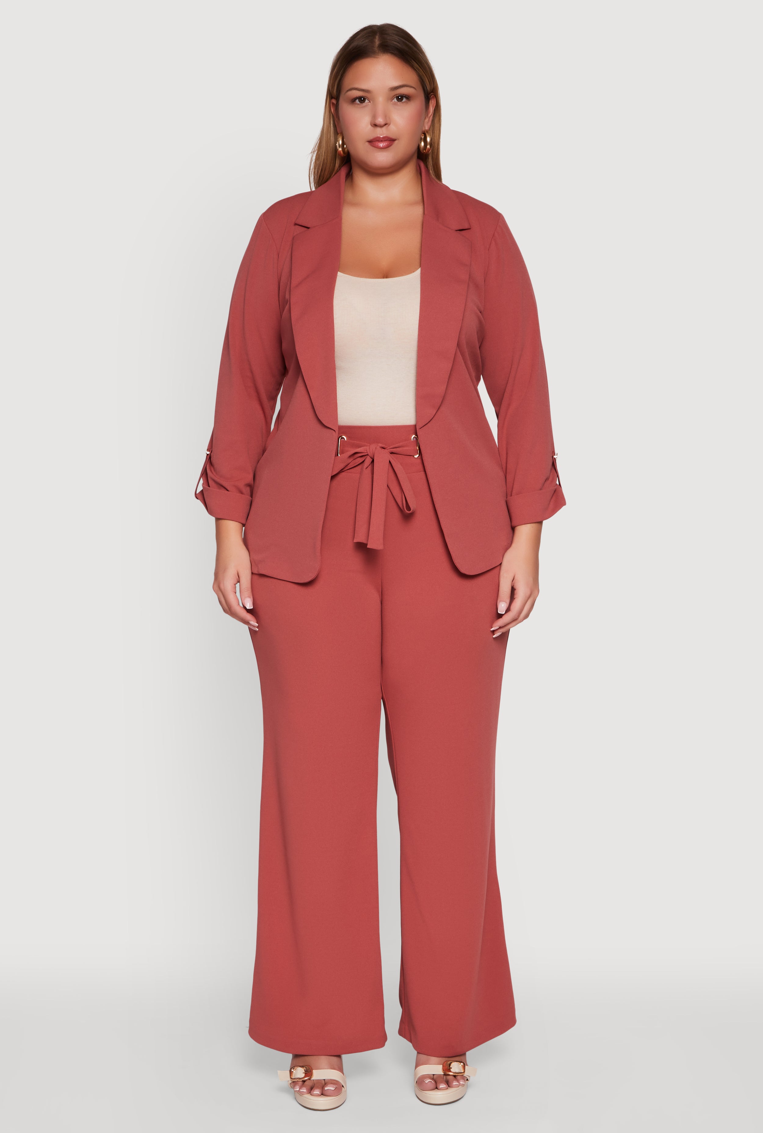Plus Size Crepe Knit Drawstring Detail Wide Leg Pants