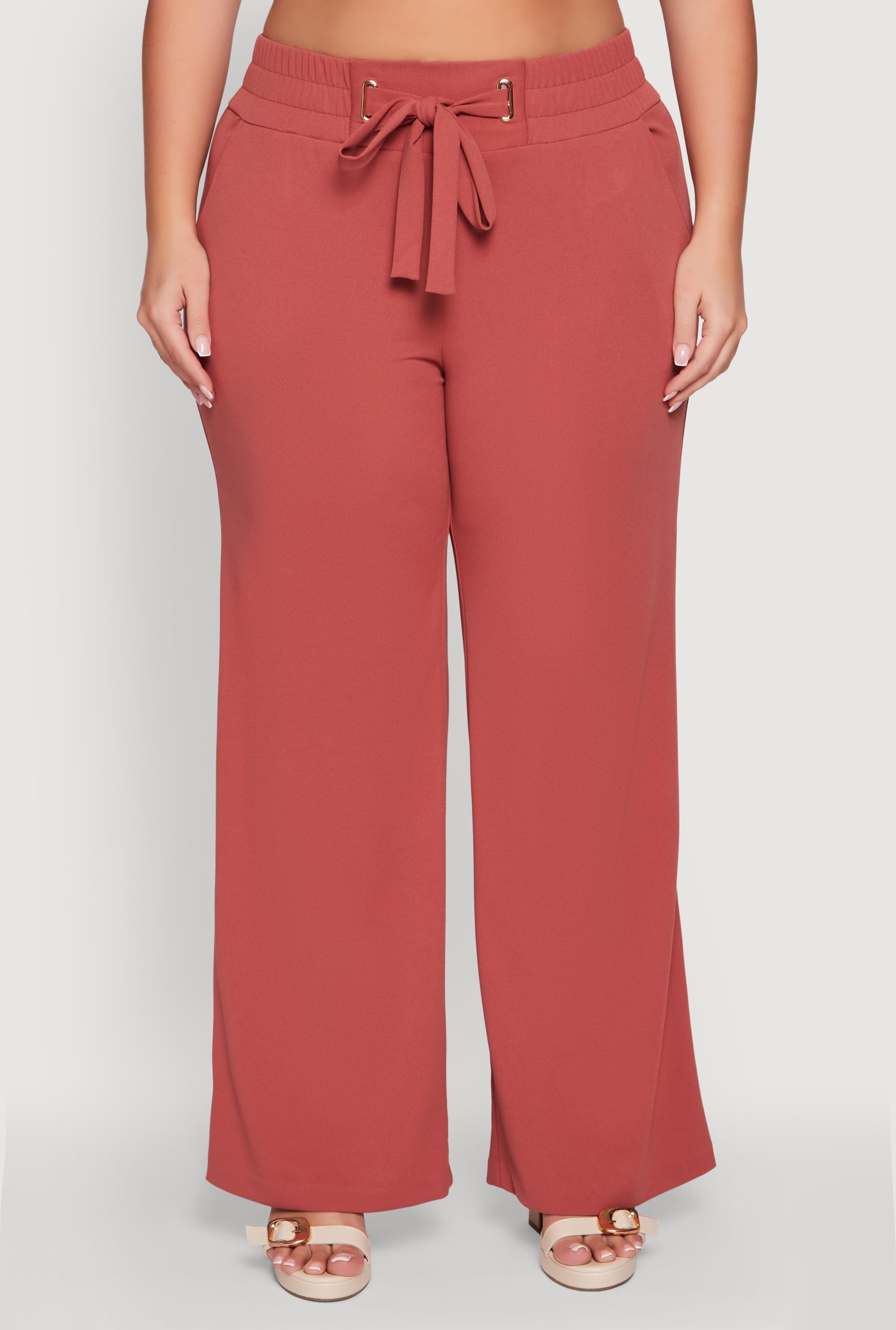 Plus Size Crepe Knit Drawstring Detail Wide Leg Pants