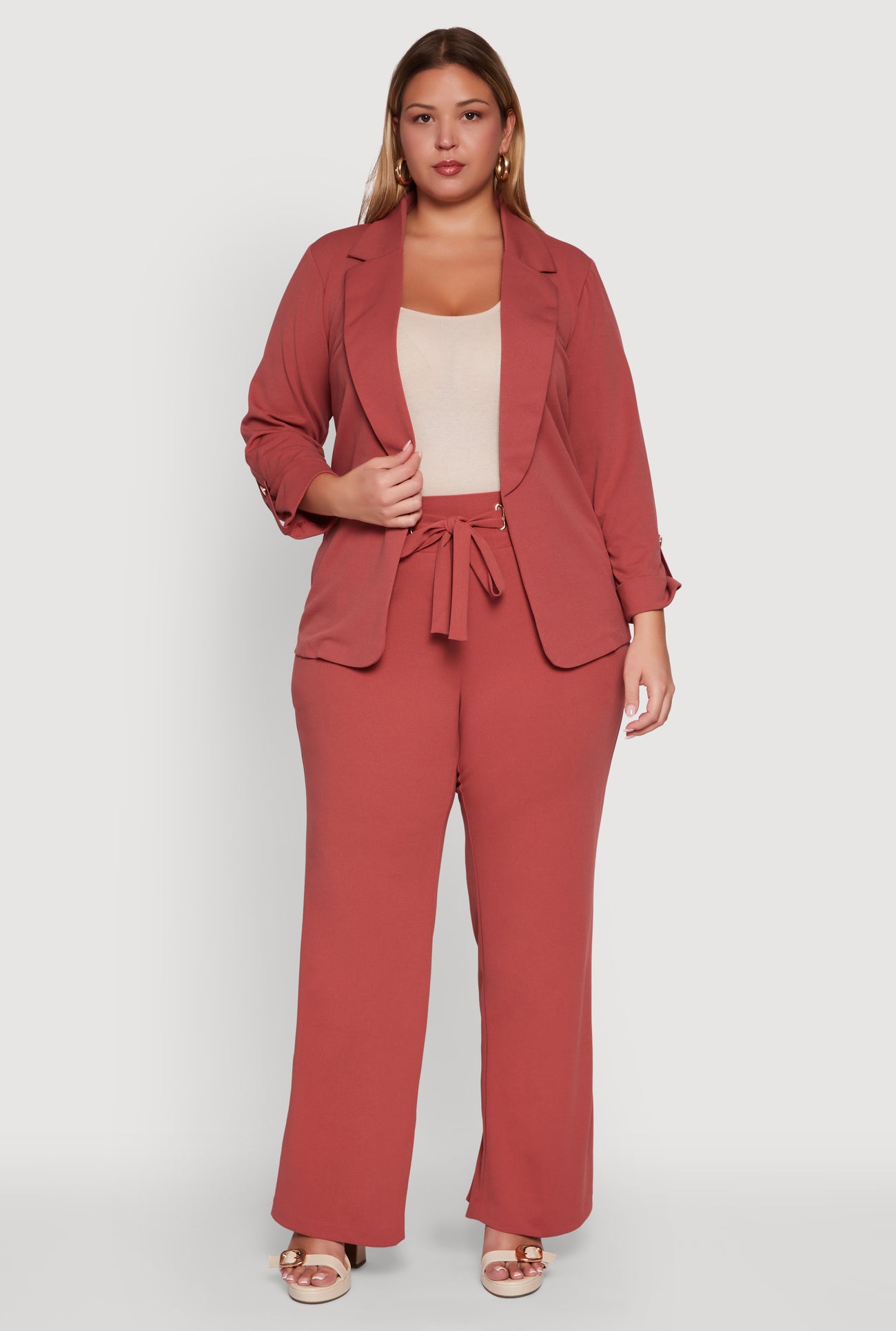 Plus Size Crepe Knit Long Sleeve Open Front Blazer