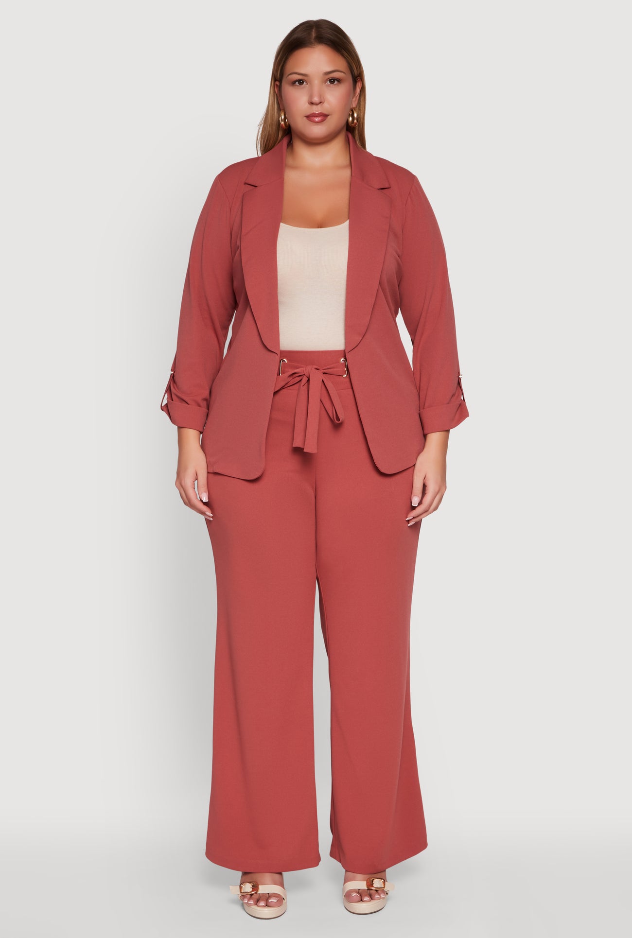 Plus Size Crepe Knit Long Sleeve Open Front Blazer