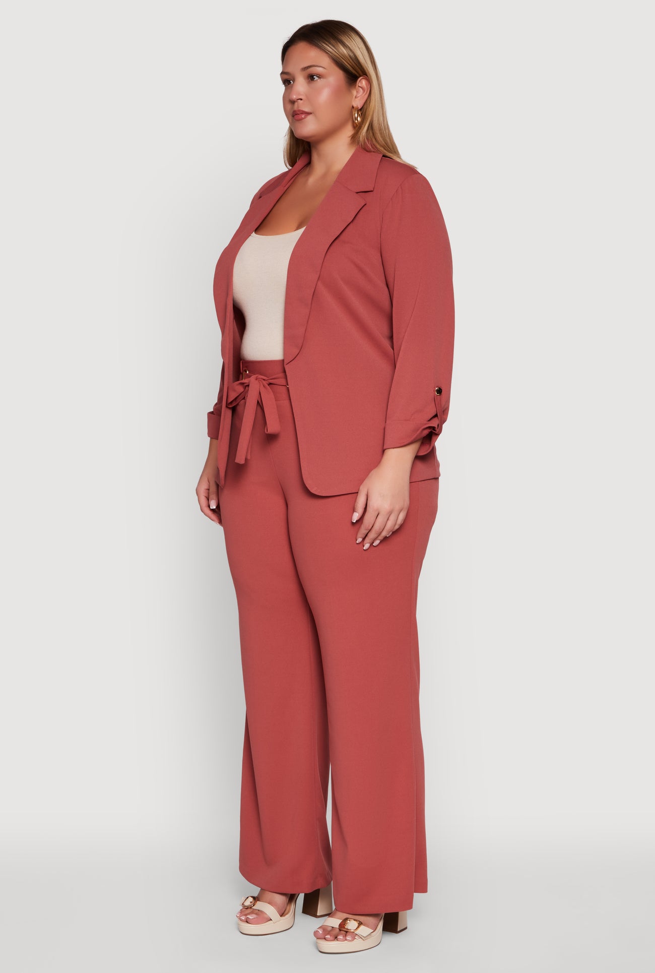 Plus Size Crepe Knit Long Sleeve Open Front Blazer