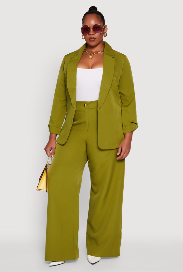 Plus Size Crepe Knit High Waisted Wide Leg Dress Pants
