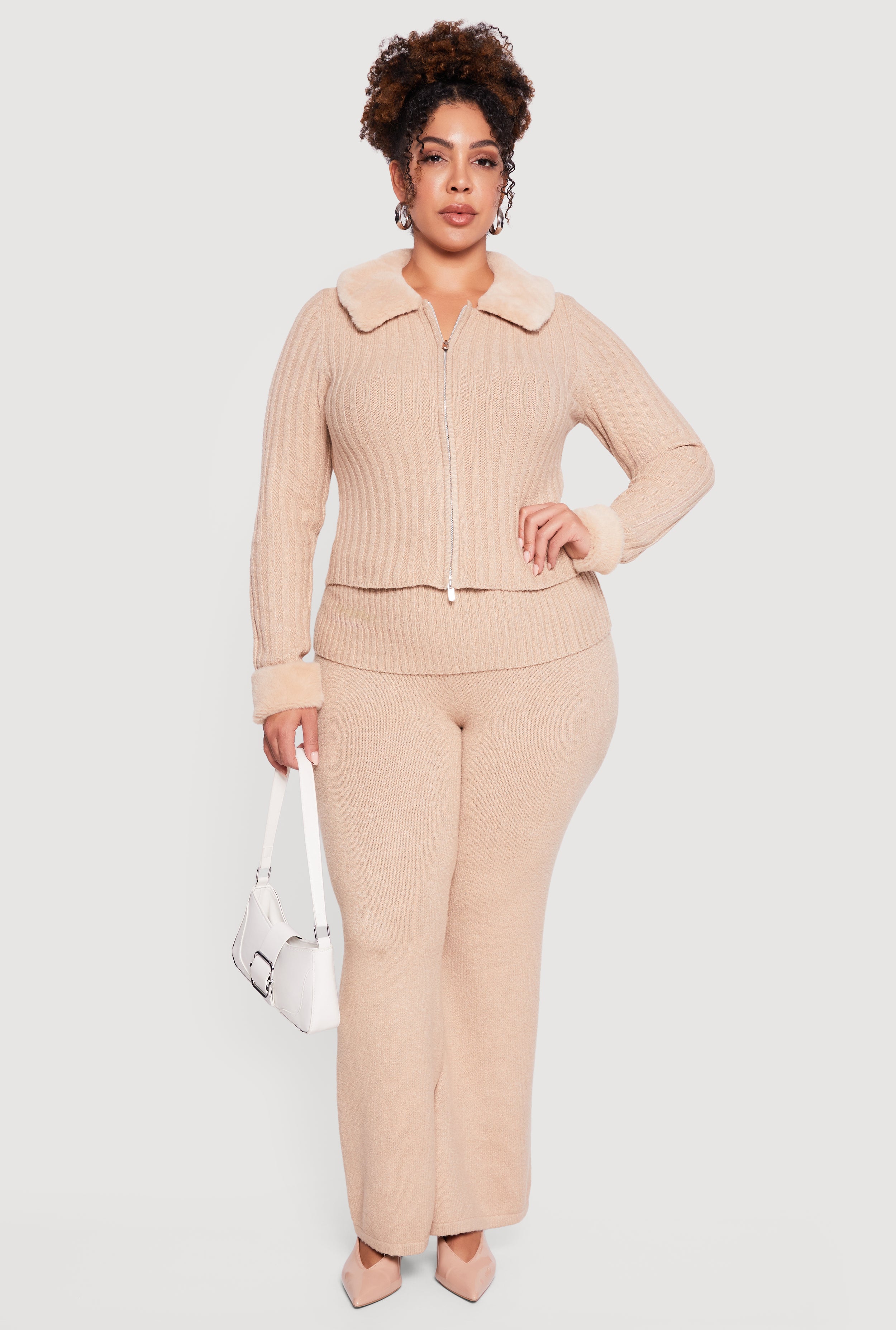 Plus Size Removable Faux Fur Trim Zip Front Sweater