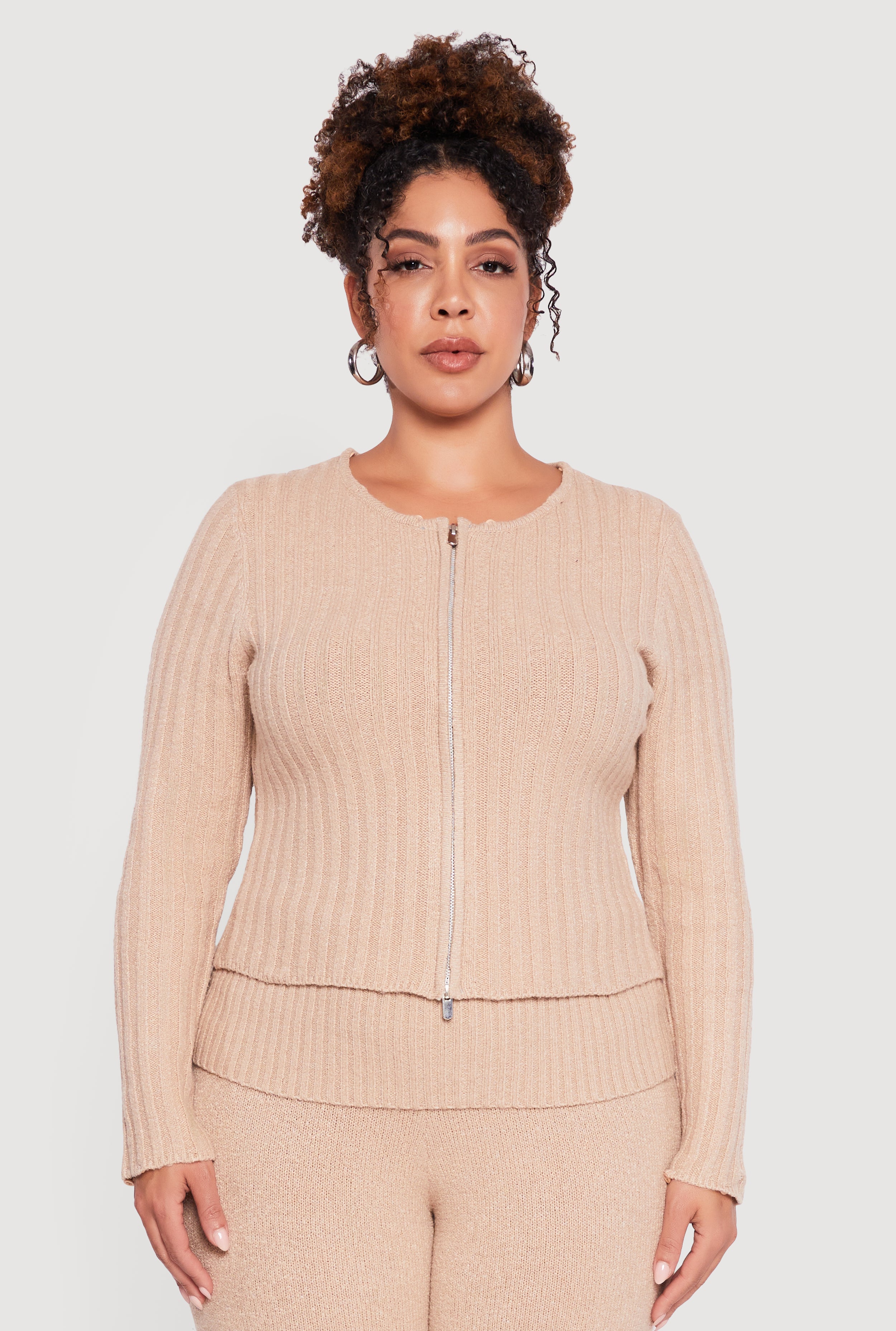 Plus Size Removable Faux Fur Trim Zip Front Sweater