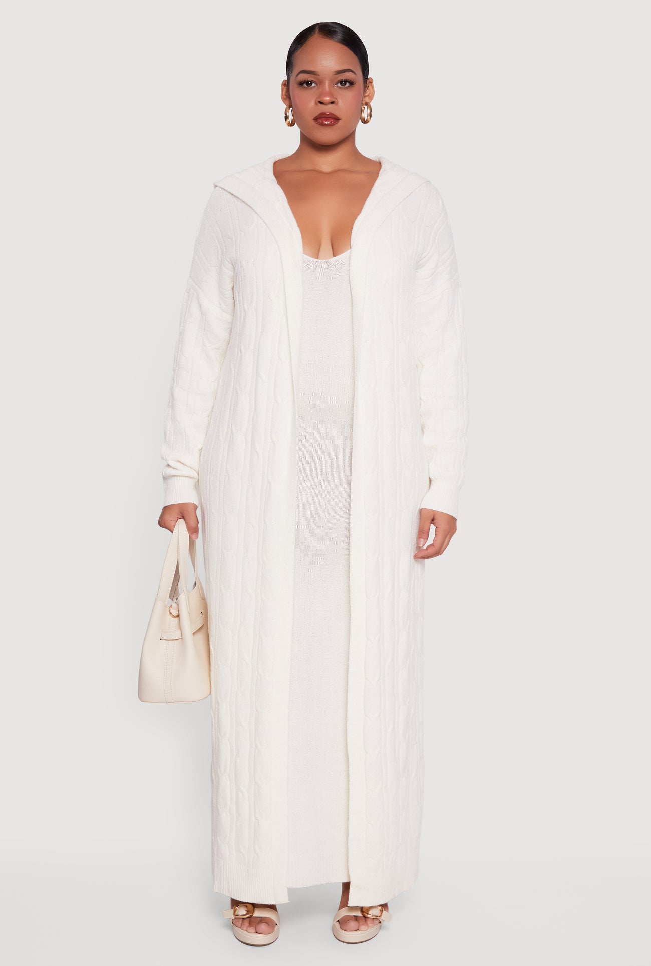 Plus Size Brushed Cable Knit Hooded Open Front Long Cardigan