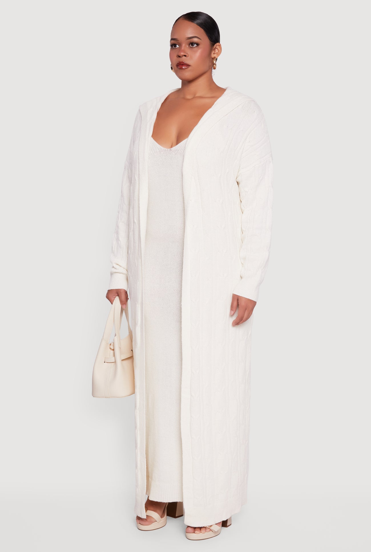Plus Size Brushed Cable Knit Hooded Open Front Long Cardigan
