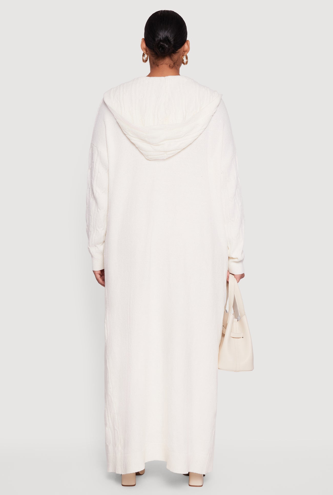 Plus Size Brushed Cable Knit Hooded Open Front Long Cardigan