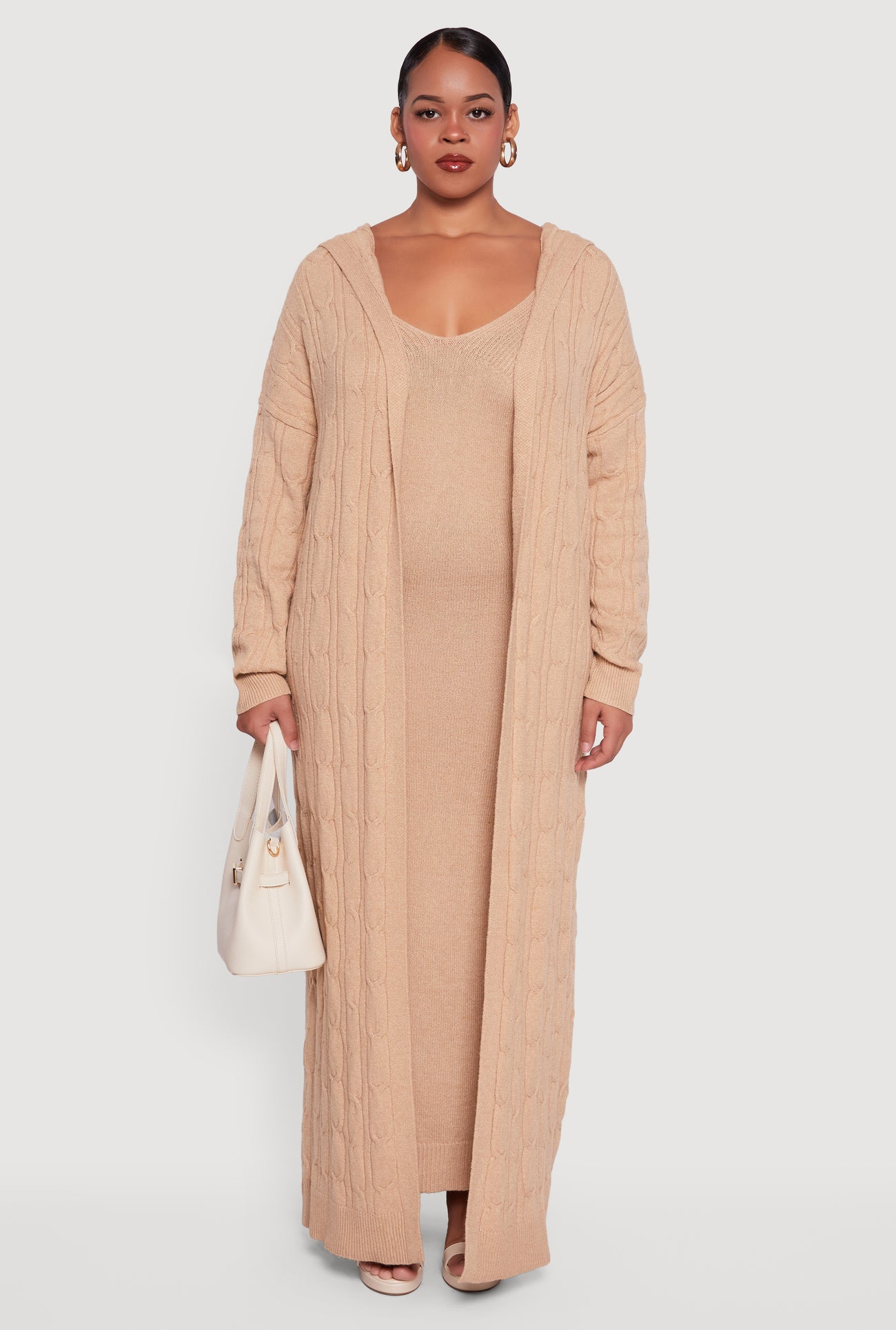 Plus Size Brushed Cable Knit Hooded Open Front Long Cardigan