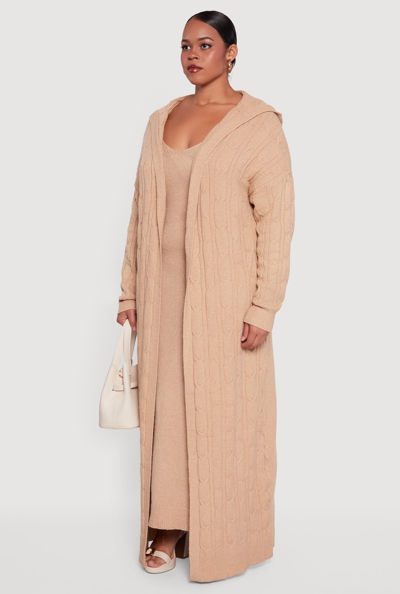 Plus Size Brushed Cable Knit Hooded Open Front Long Cardigan