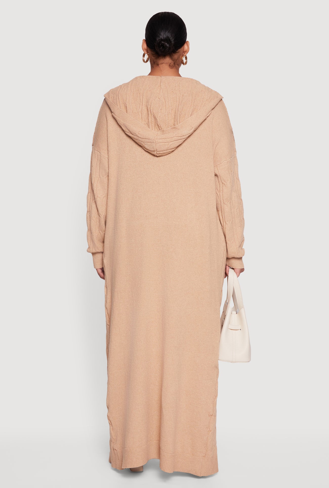 Plus Size Brushed Cable Knit Hooded Open Front Long Cardigan
