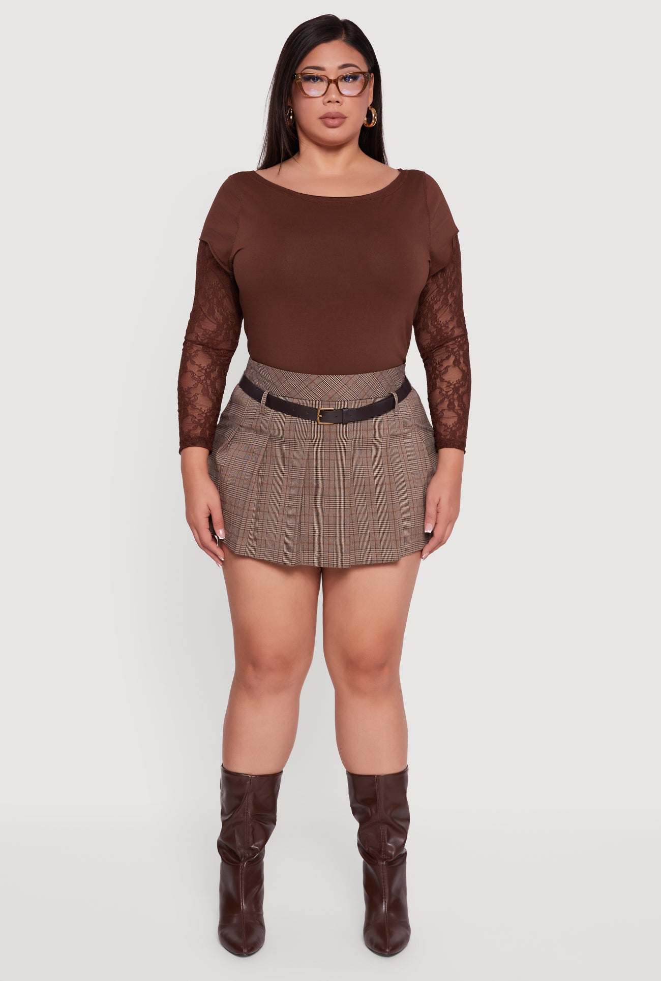 Plus Size High Waisted Plaid Pleated Mini Skirt with Belt