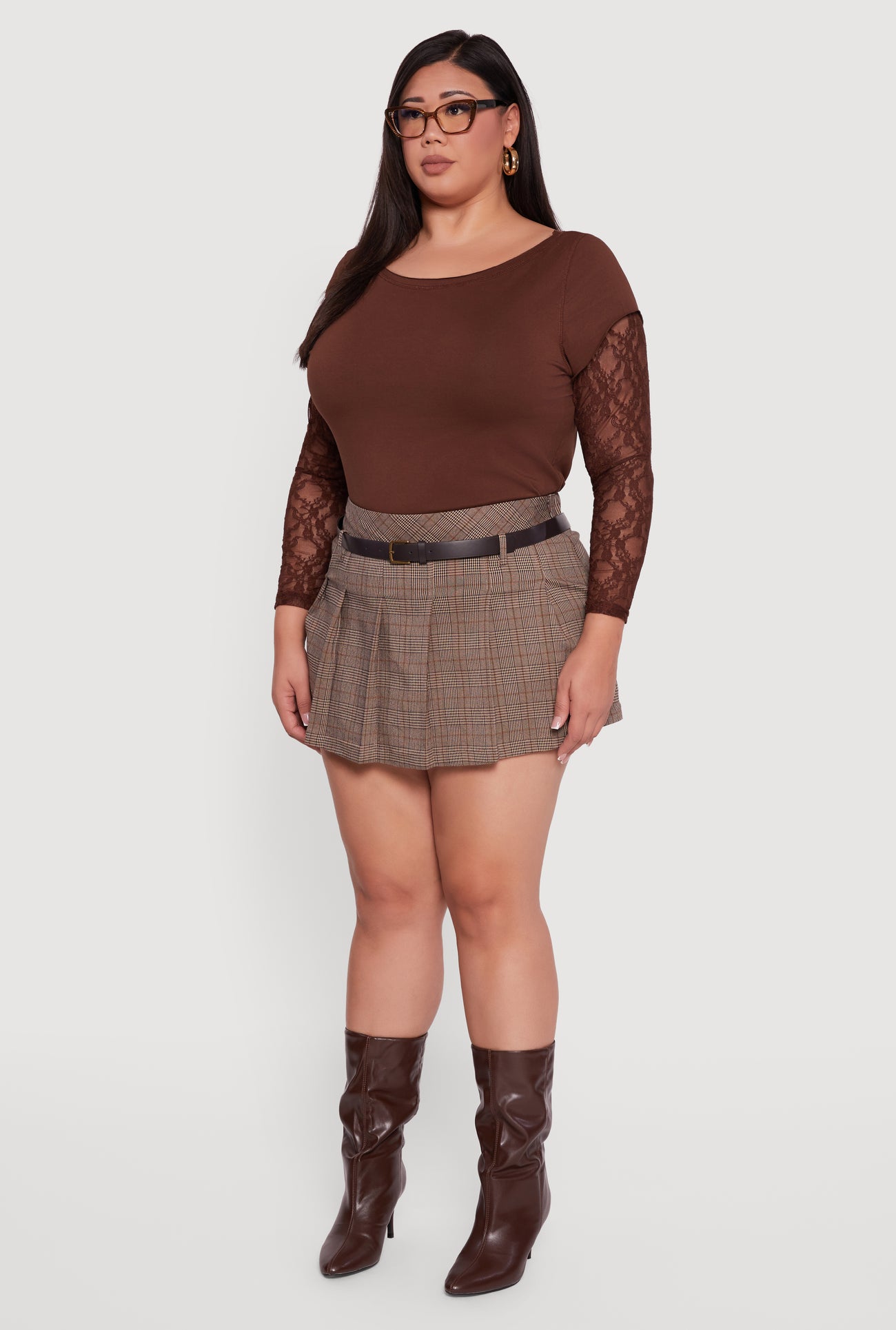 Plus Size High Waisted Plaid Pleated Mini Skirt with Belt