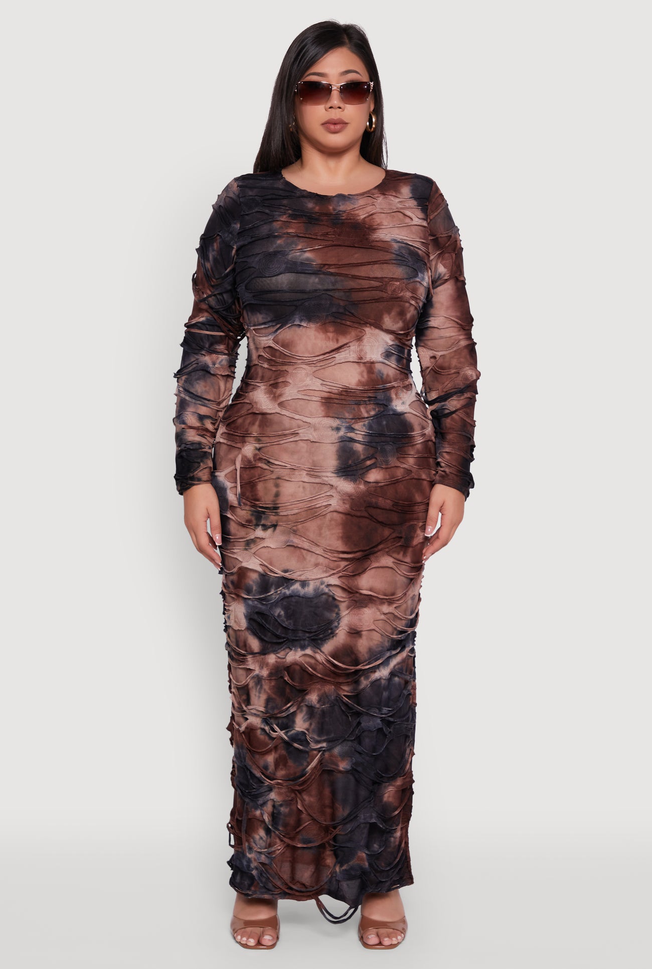 Plus Size Tie Dye Distressed Long Sleeve Maxi Dress