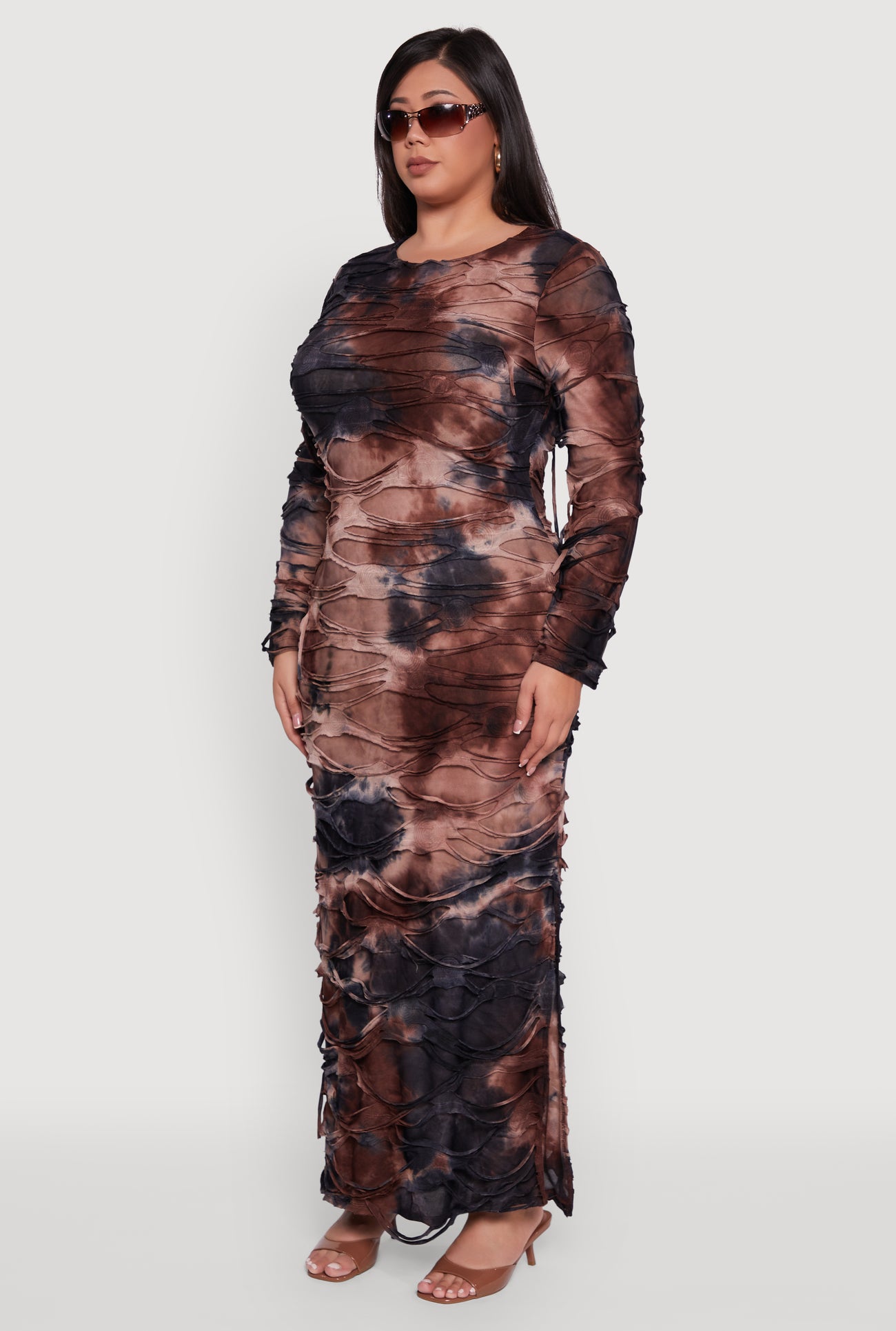 Plus Size Tie Dye Distressed Long Sleeve Maxi Dress