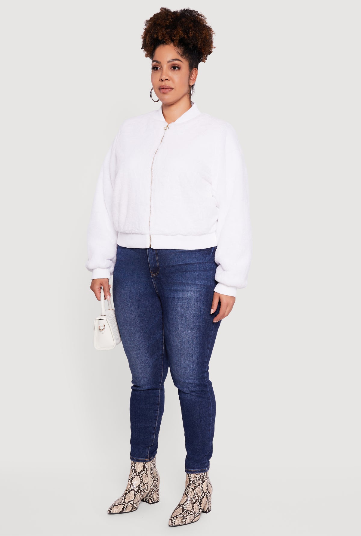 Plus Size Zip Front Faux Fur Bomber Jacket