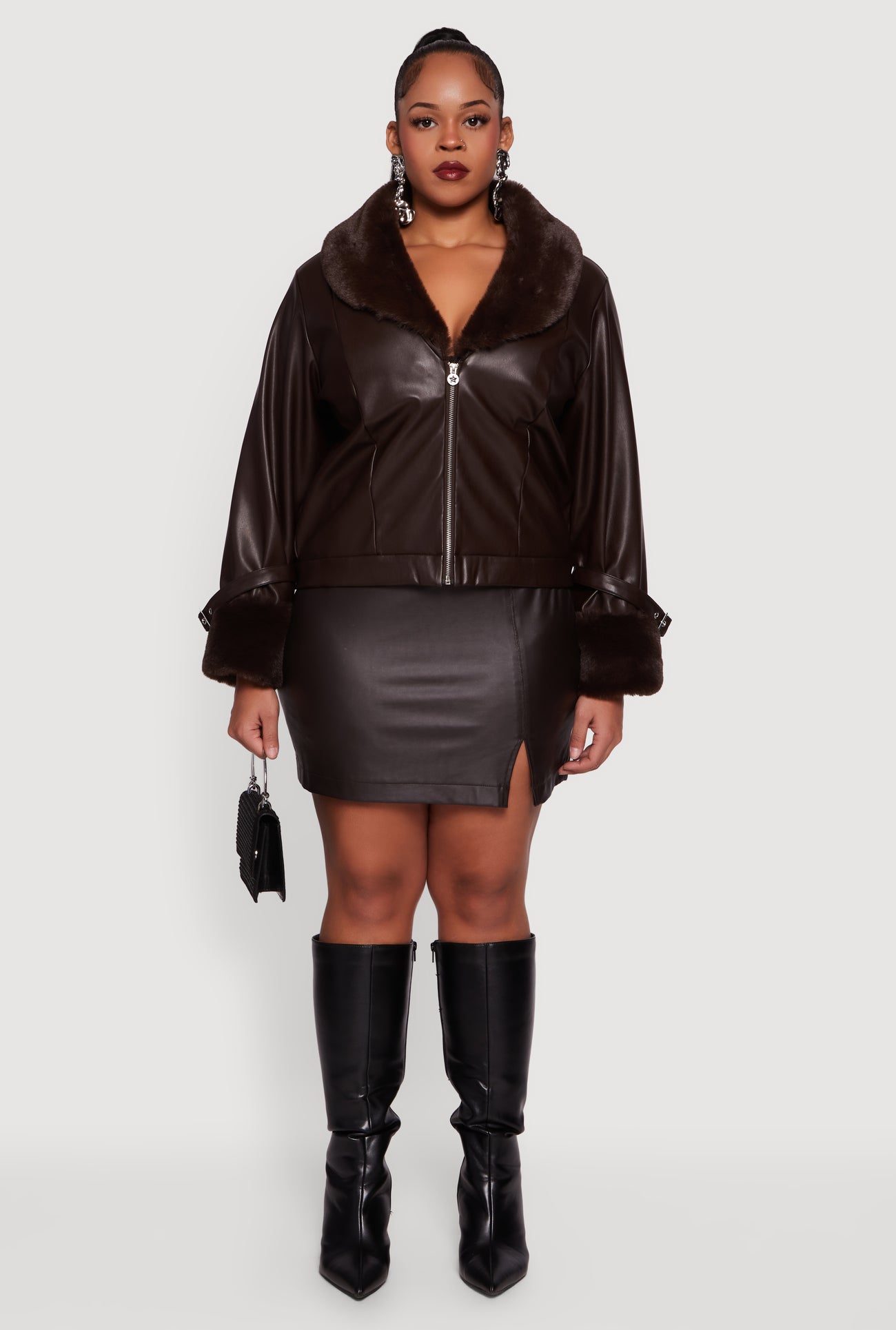 Plus Size Faux Leather Jacket with Faux Fur Trim Plus Size Faux Leather Jacket with Faux Fur Trim