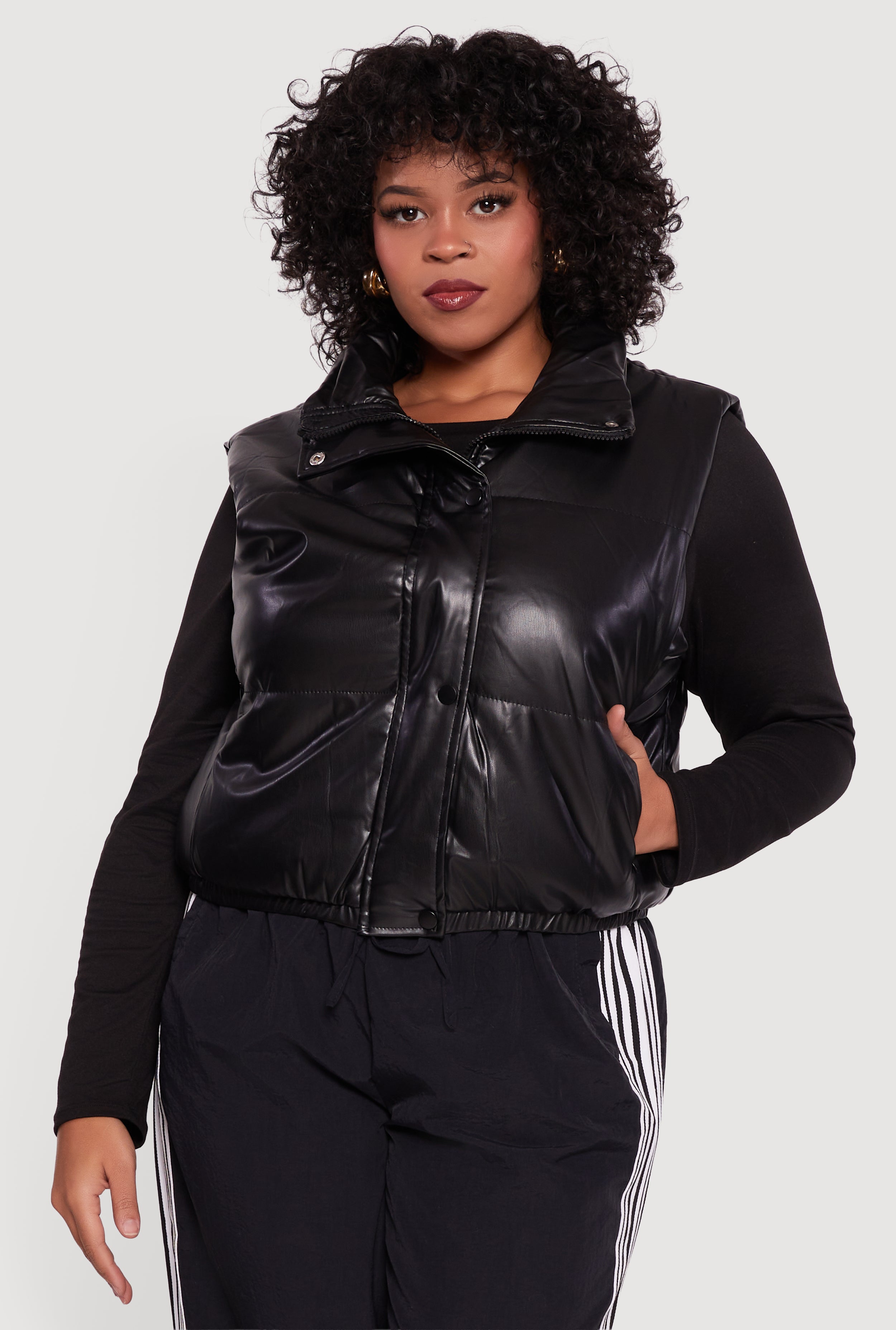 Plus Size Faux Leather Snap Button Zip Front Puffer Vest
