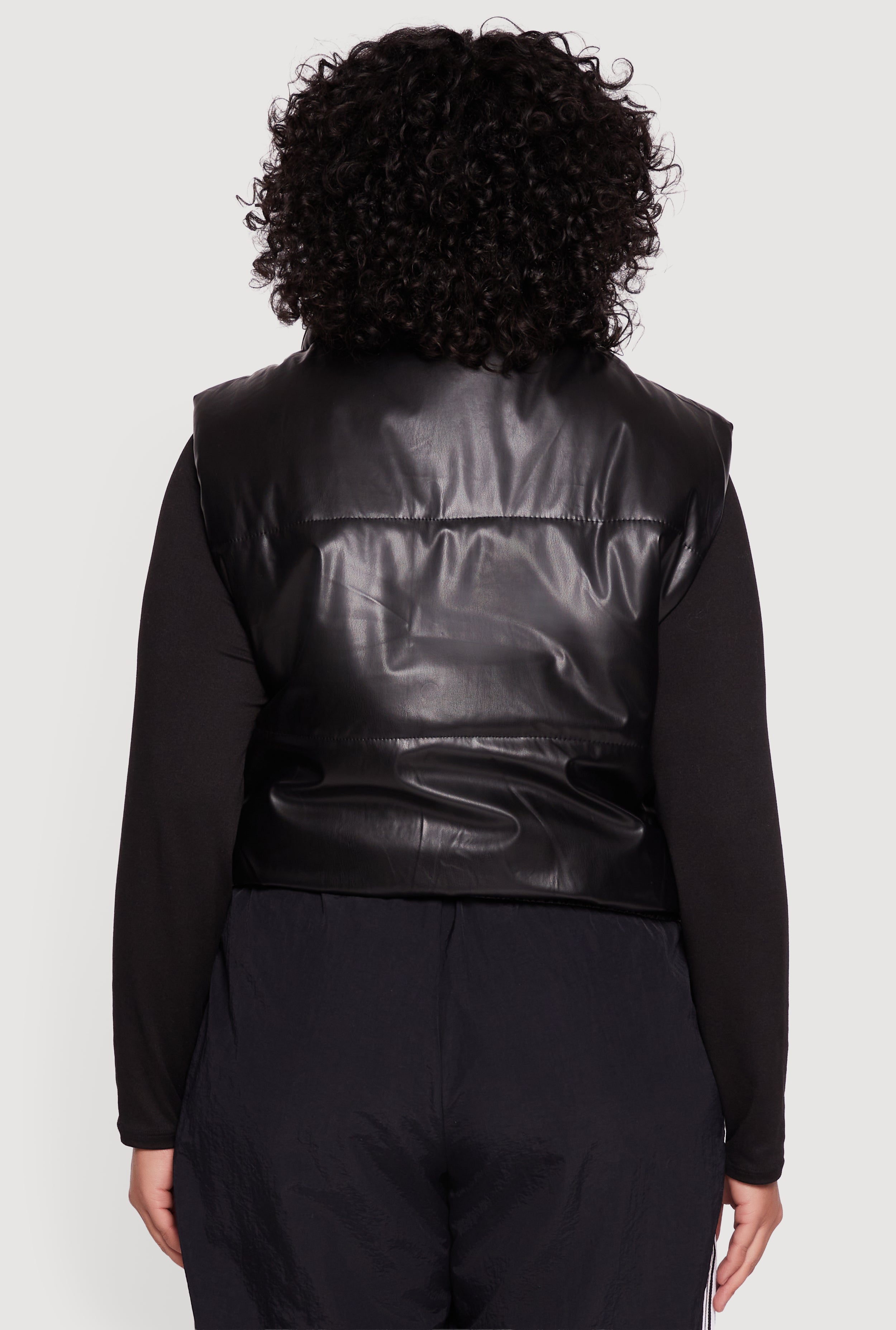 Plus Size Faux Leather Snap Button Zip Front Puffer Vest