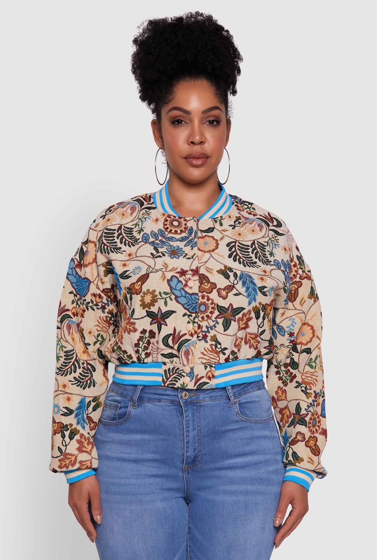 Plus Size Floral Print Varsity Stripe Jacket