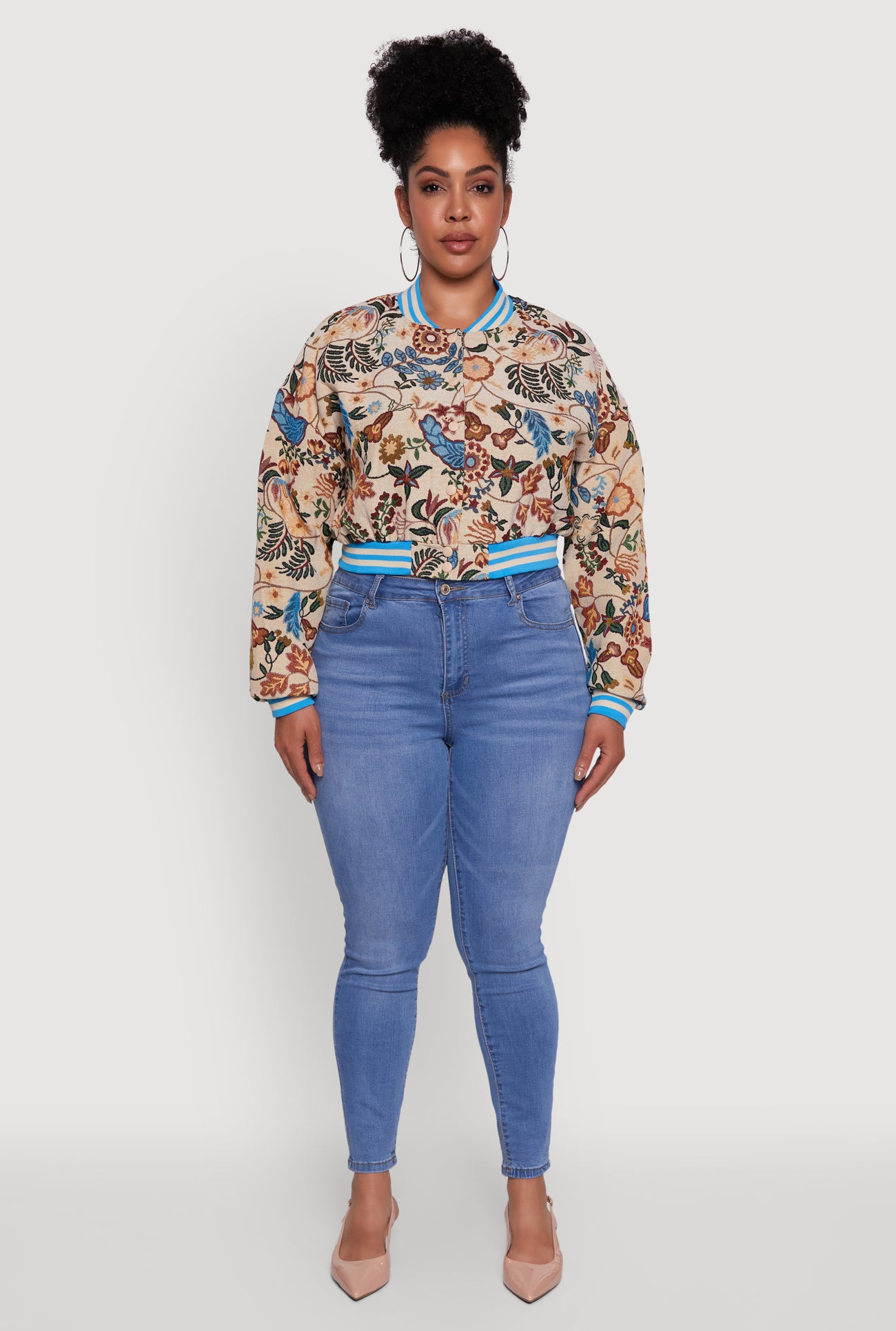 Plus Size Floral Print Varsity Stripe Jacket
