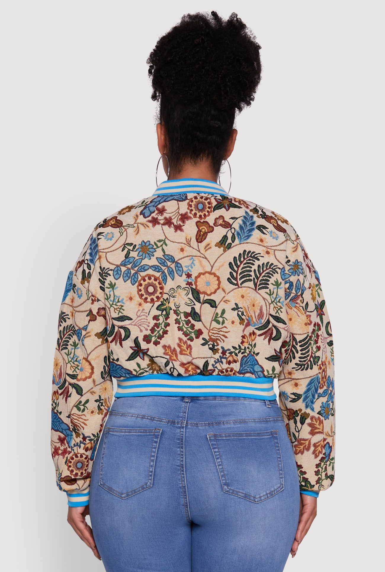 Plus Size Floral Print Varsity Stripe Jacket