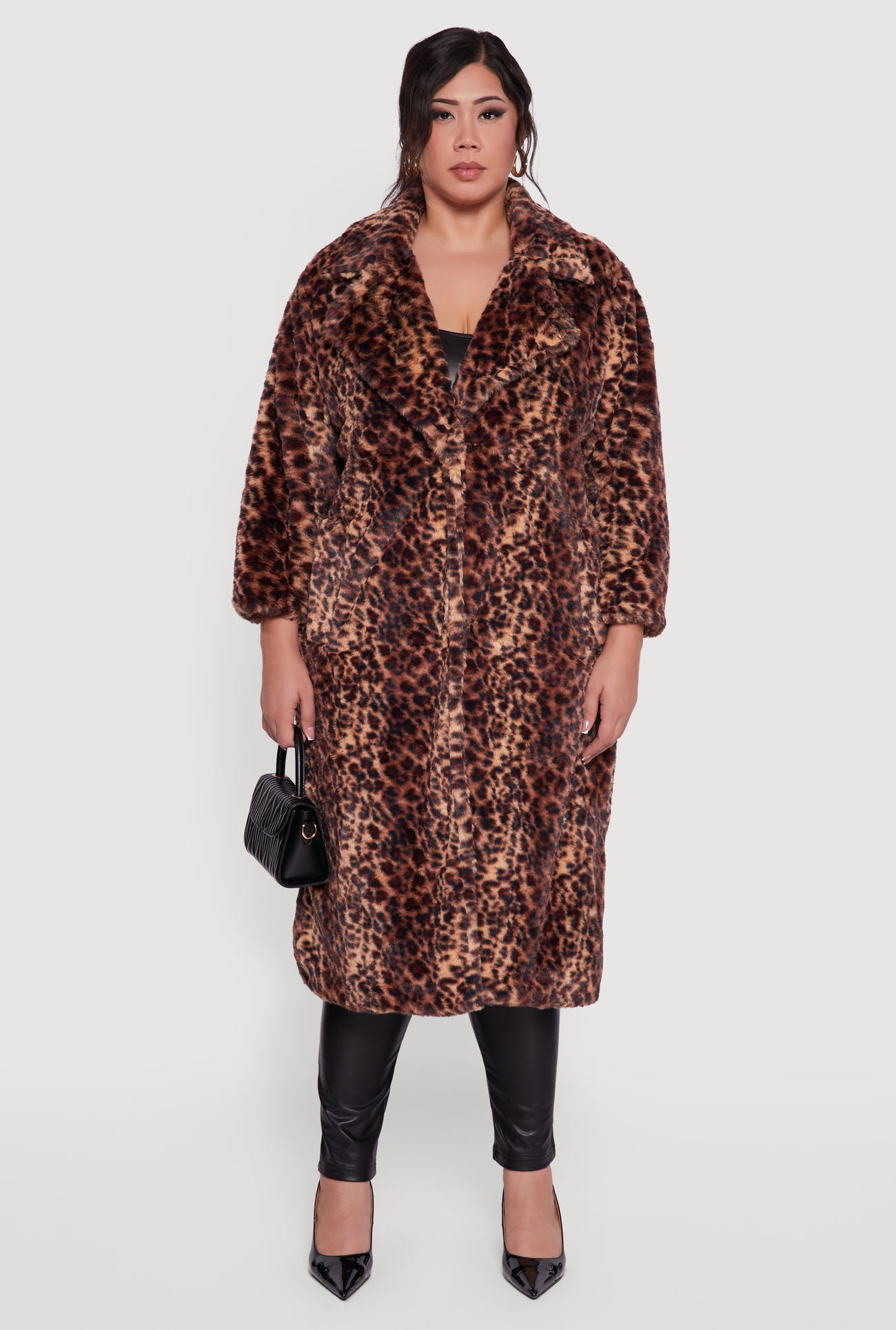 Plus Size Leopard Print Faux Fur Coat