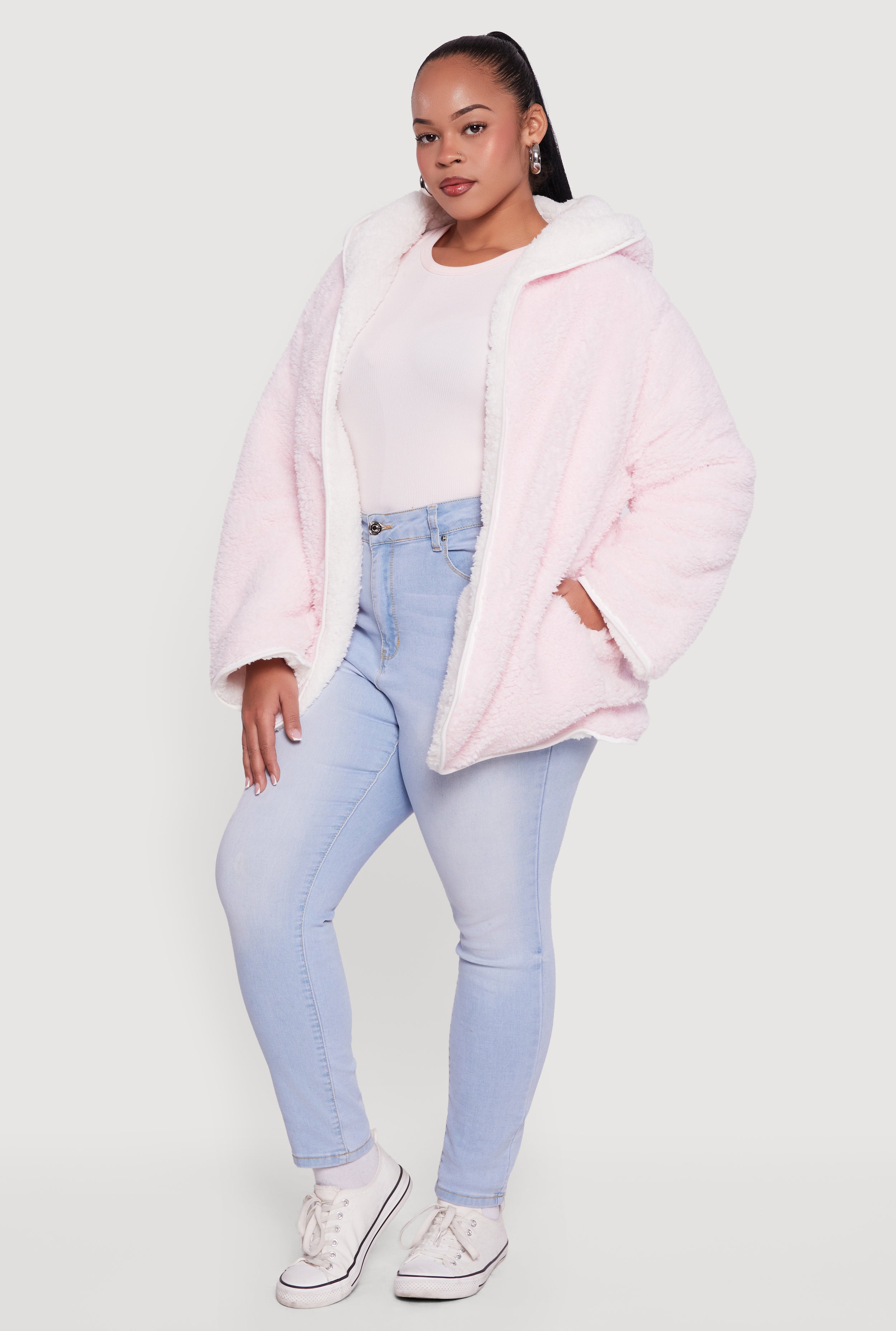 Plus Size Reversible Hooded Open Front Sherpa Jacket