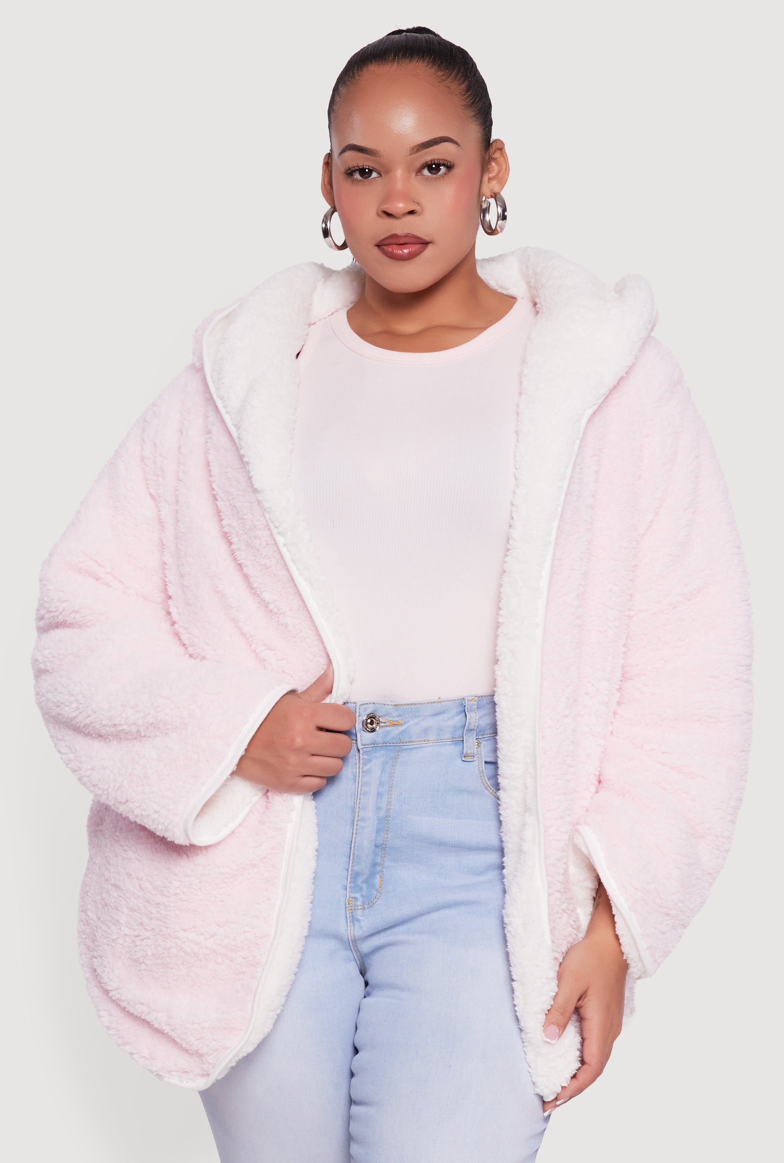 Plus Size Reversible Hooded Open Front Sherpa Jacket