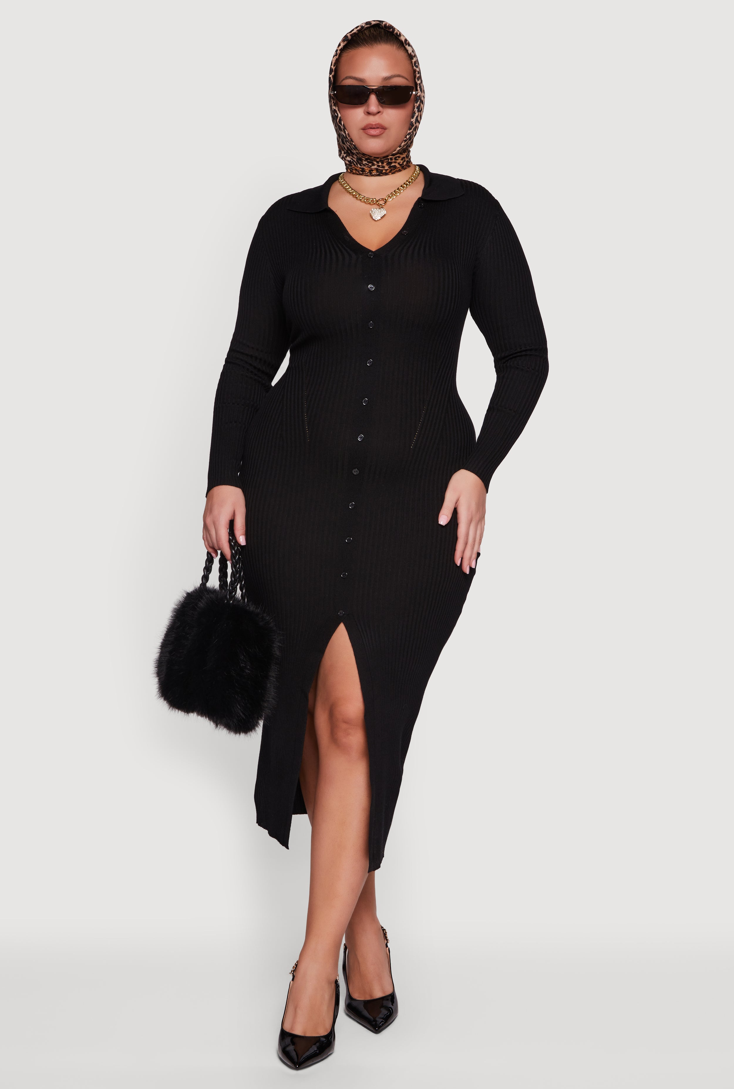 Plus Size Almost Famous Rib Knit Slit Front Sweater Dress