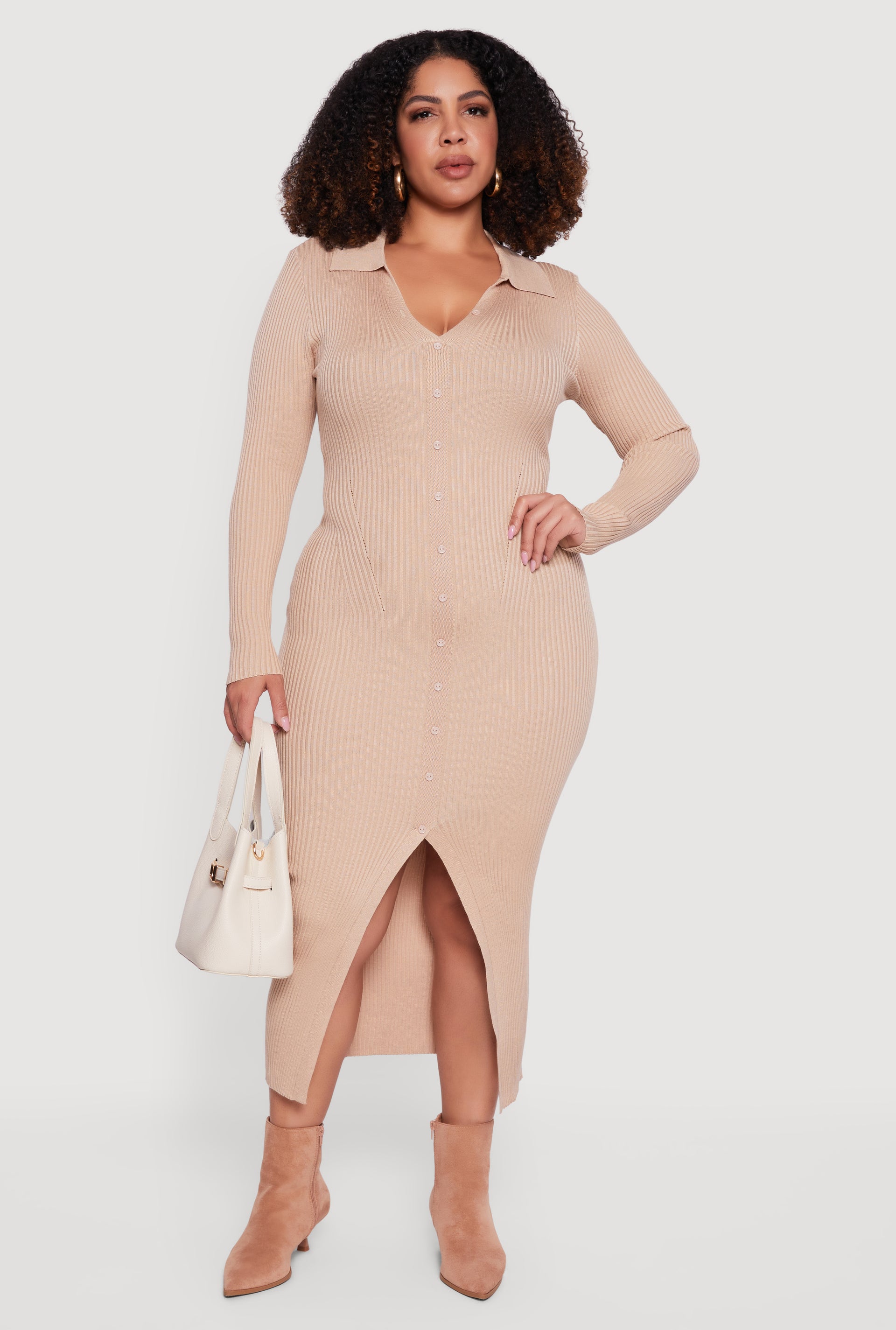Plus Size Almost Famous Rib Knit Slit Front Sweater Dress