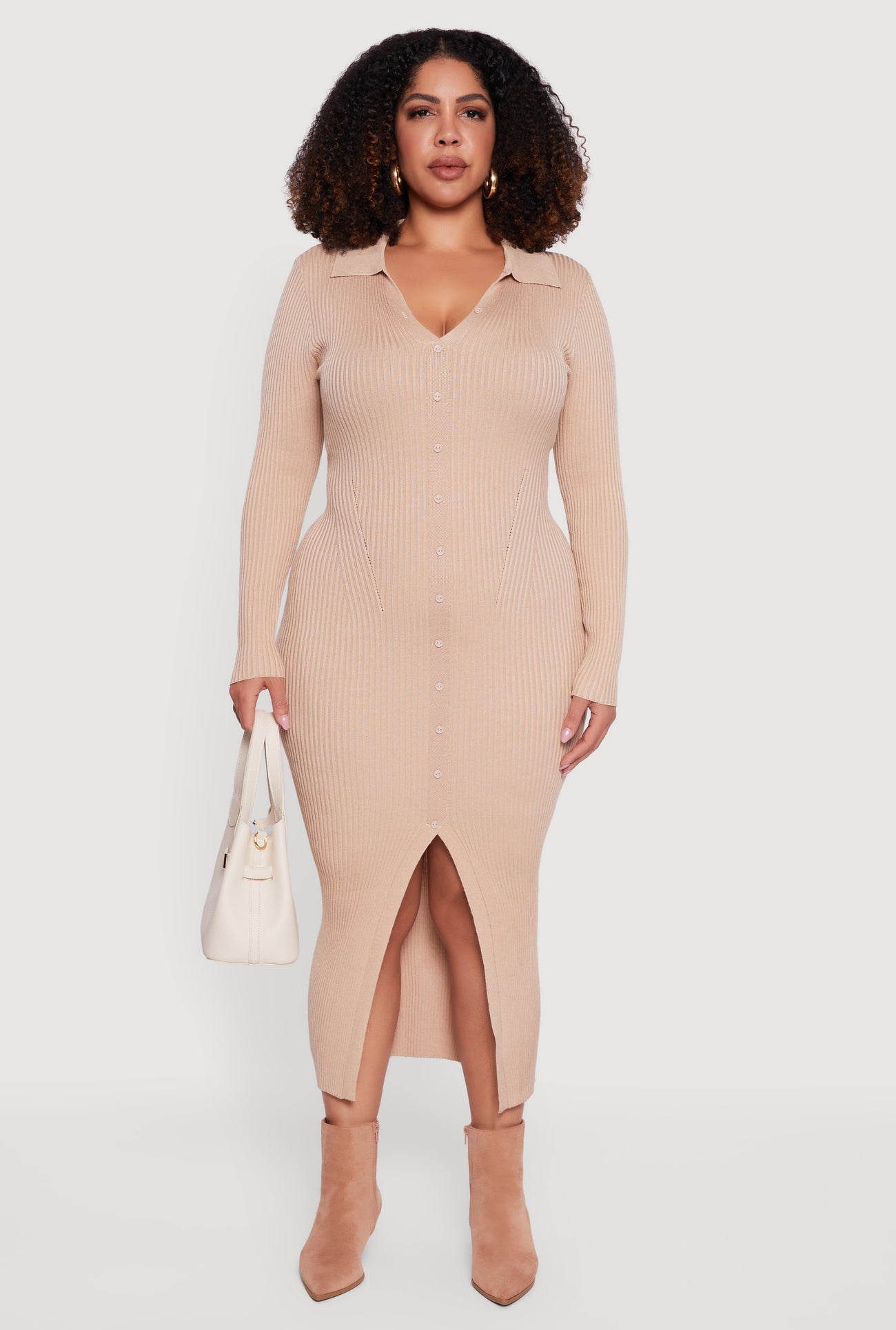 sweater dresses plus size women Womens Plus Size Almost Famous Rib Knit Slit Front Sweater Dress, Tan, Size 1X