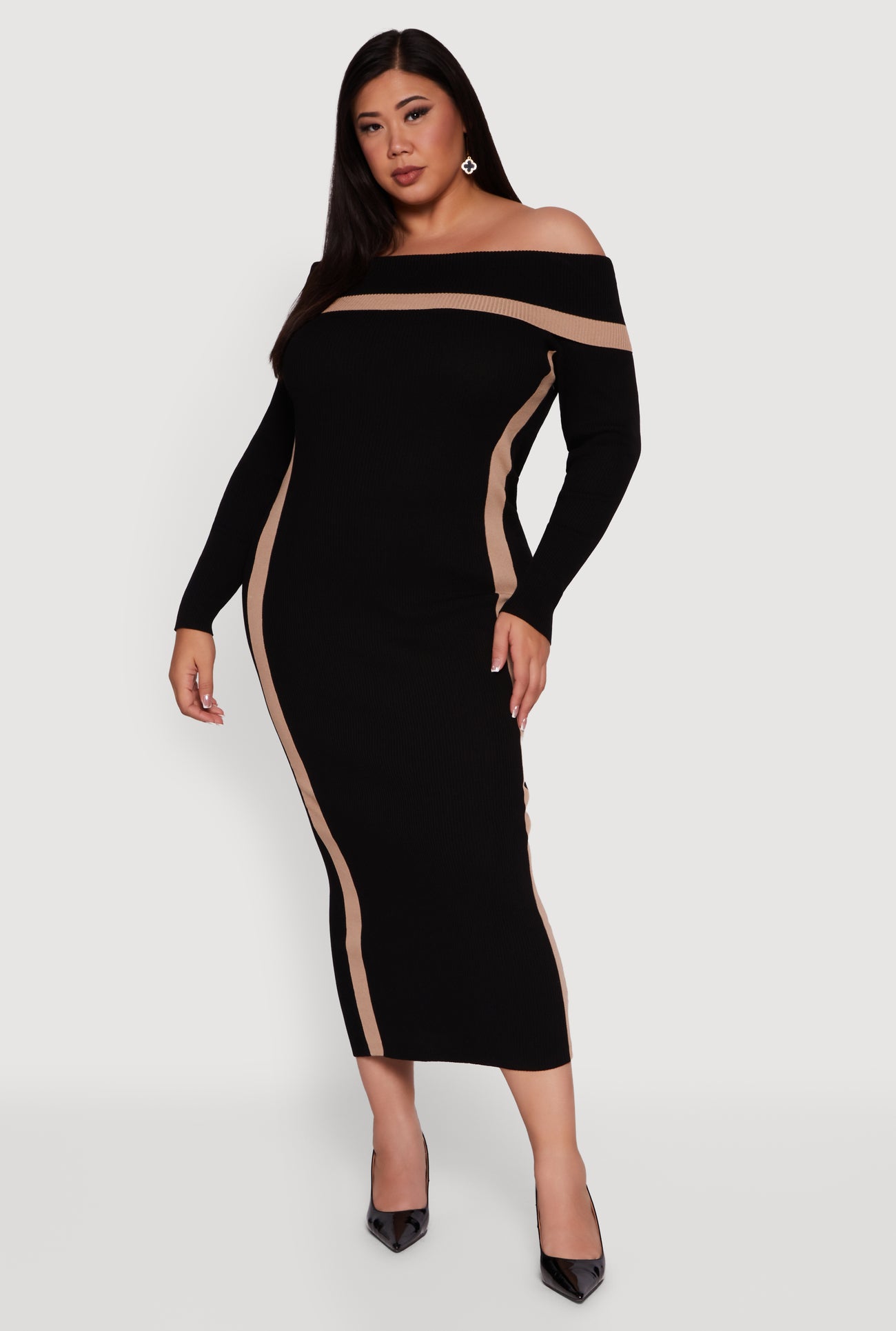 Plus Size Contrast Trim Ribbed Knit Sweater Dress
