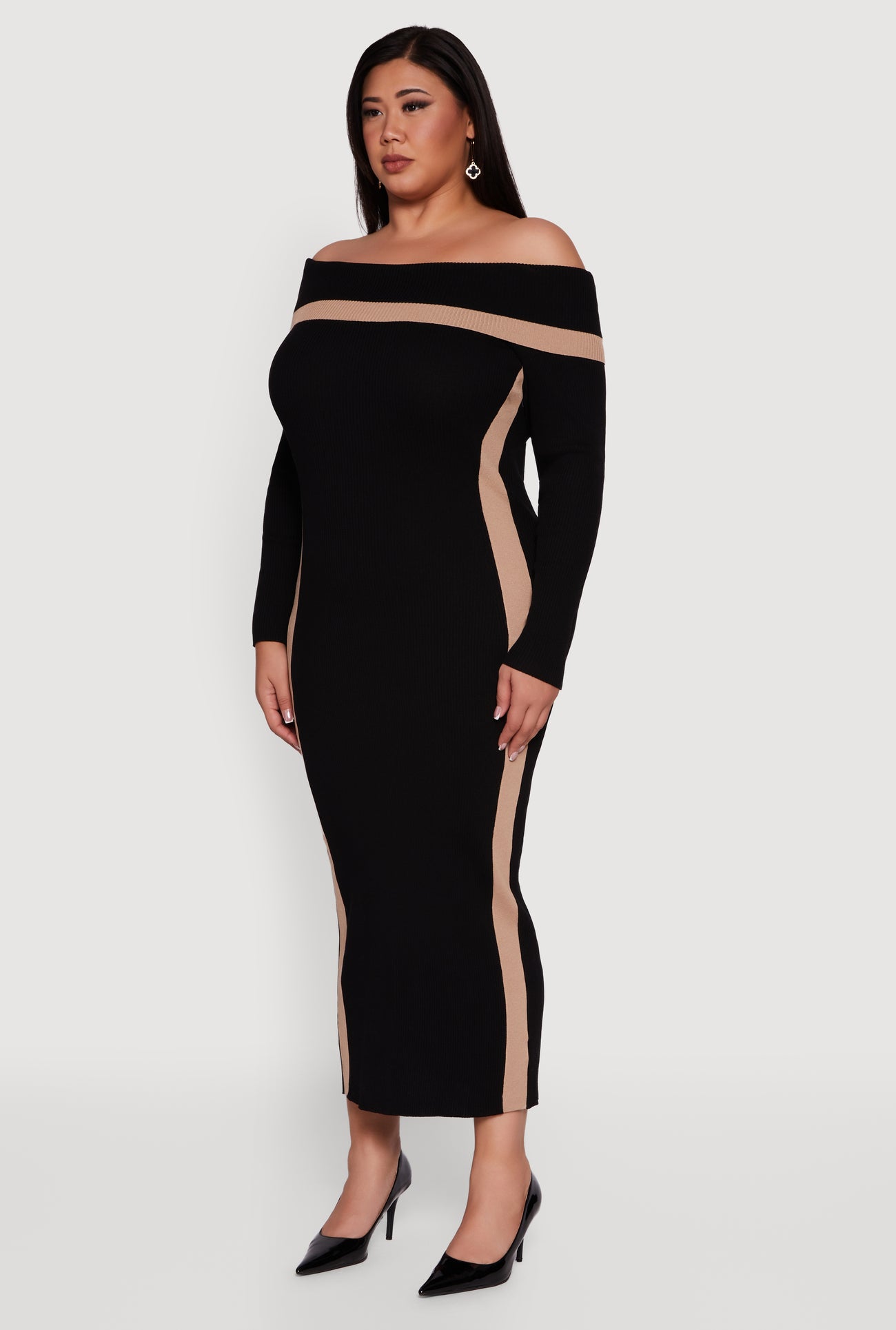 Plus Size Contrast Trim Ribbed Knit Sweater Dress