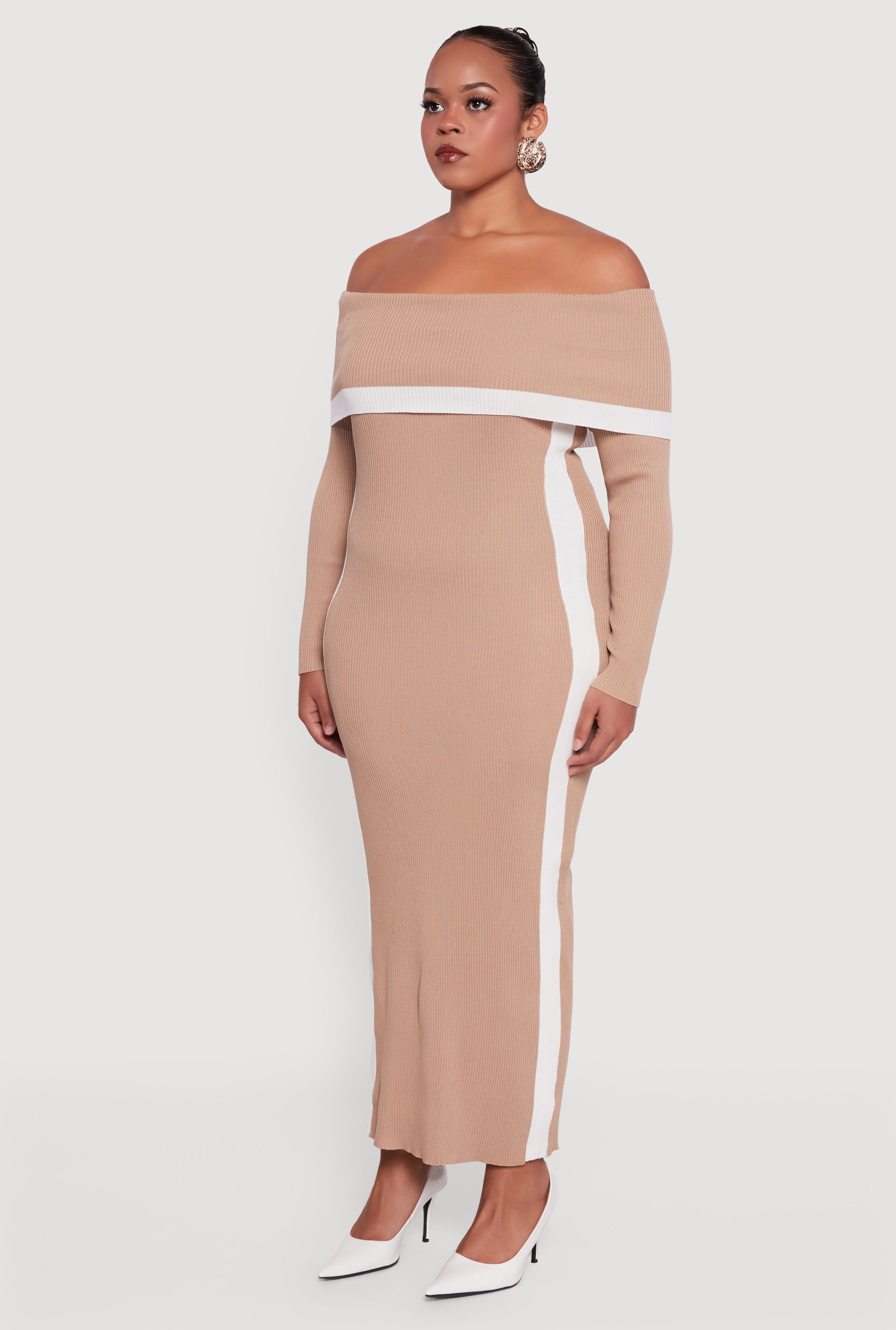 Plus Size Contrast Trim Ribbed Knit Sweater Dress