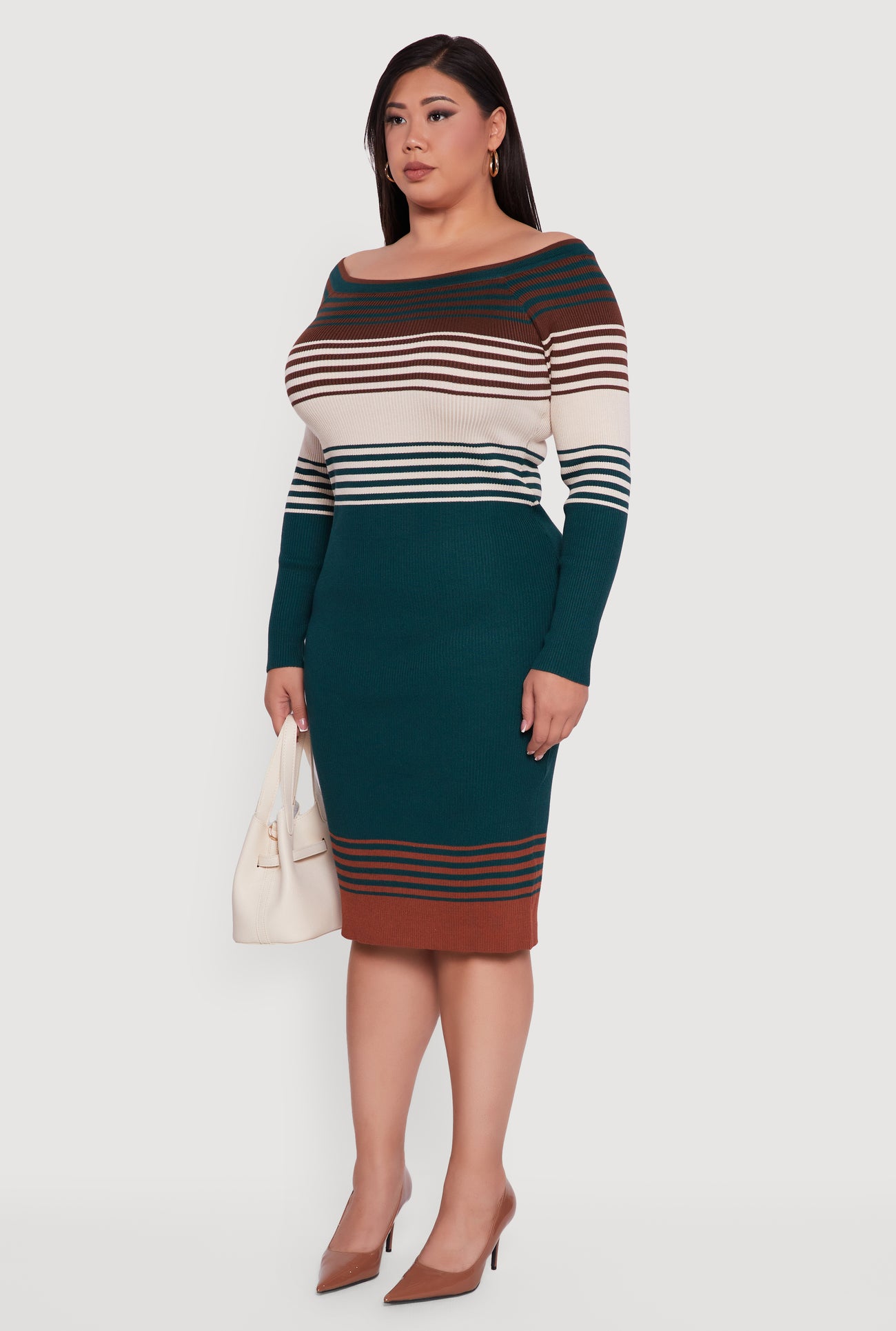 Plus Size Striped Off the Shoulder Midi Sweater Dress Plus Size Striped Off the Shoulder Midi Sweater Dress