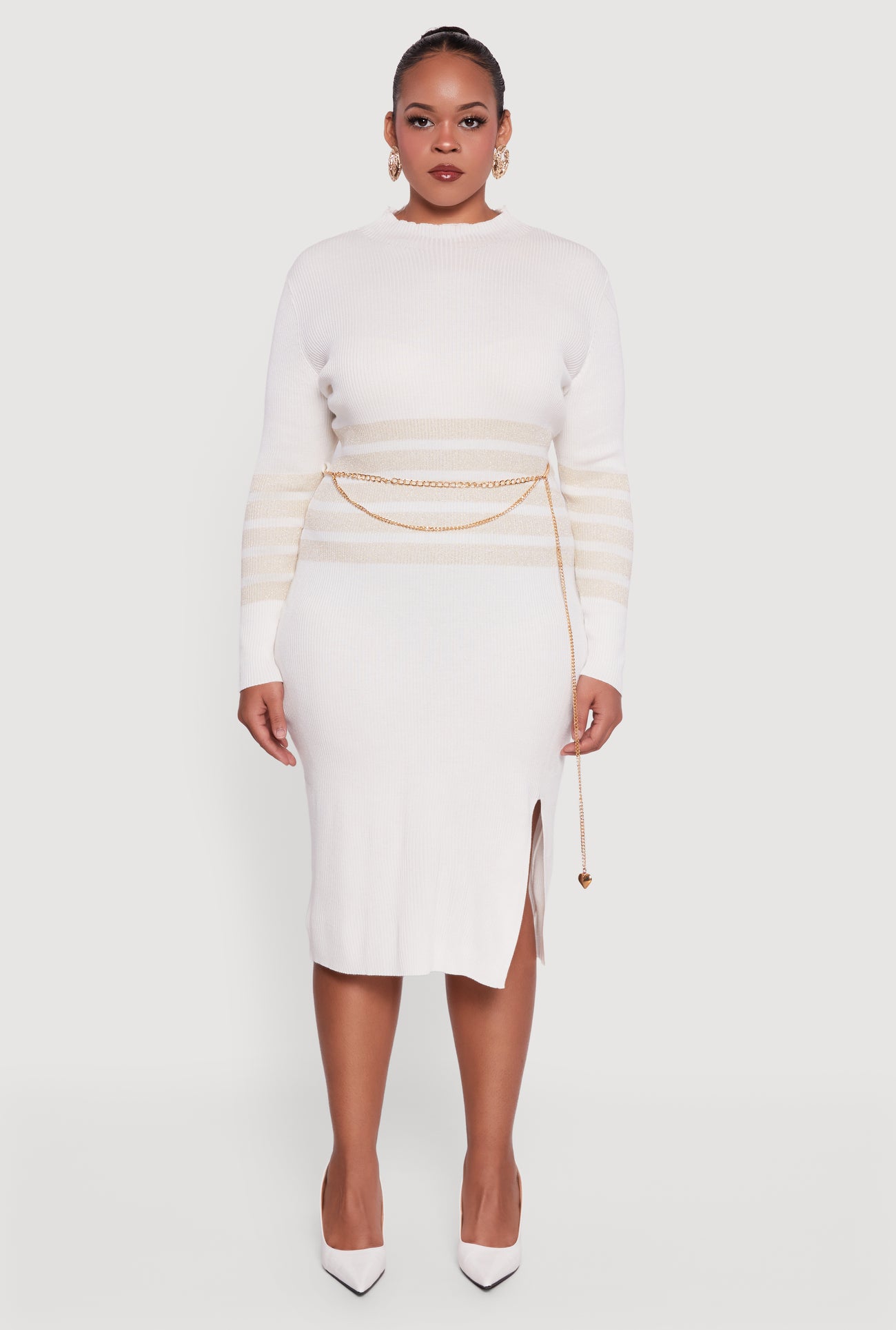 Plus Size Lurex Stripe Detail Sweater Dress with Chain Belt